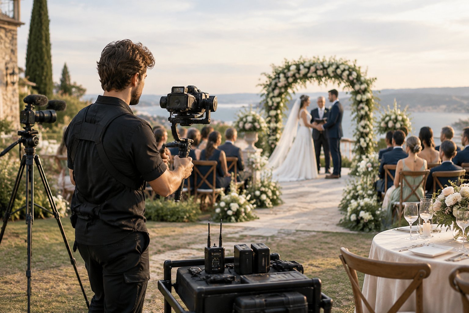 A wedding videographer records a bride and groom during an elegant outdoor ceremony.