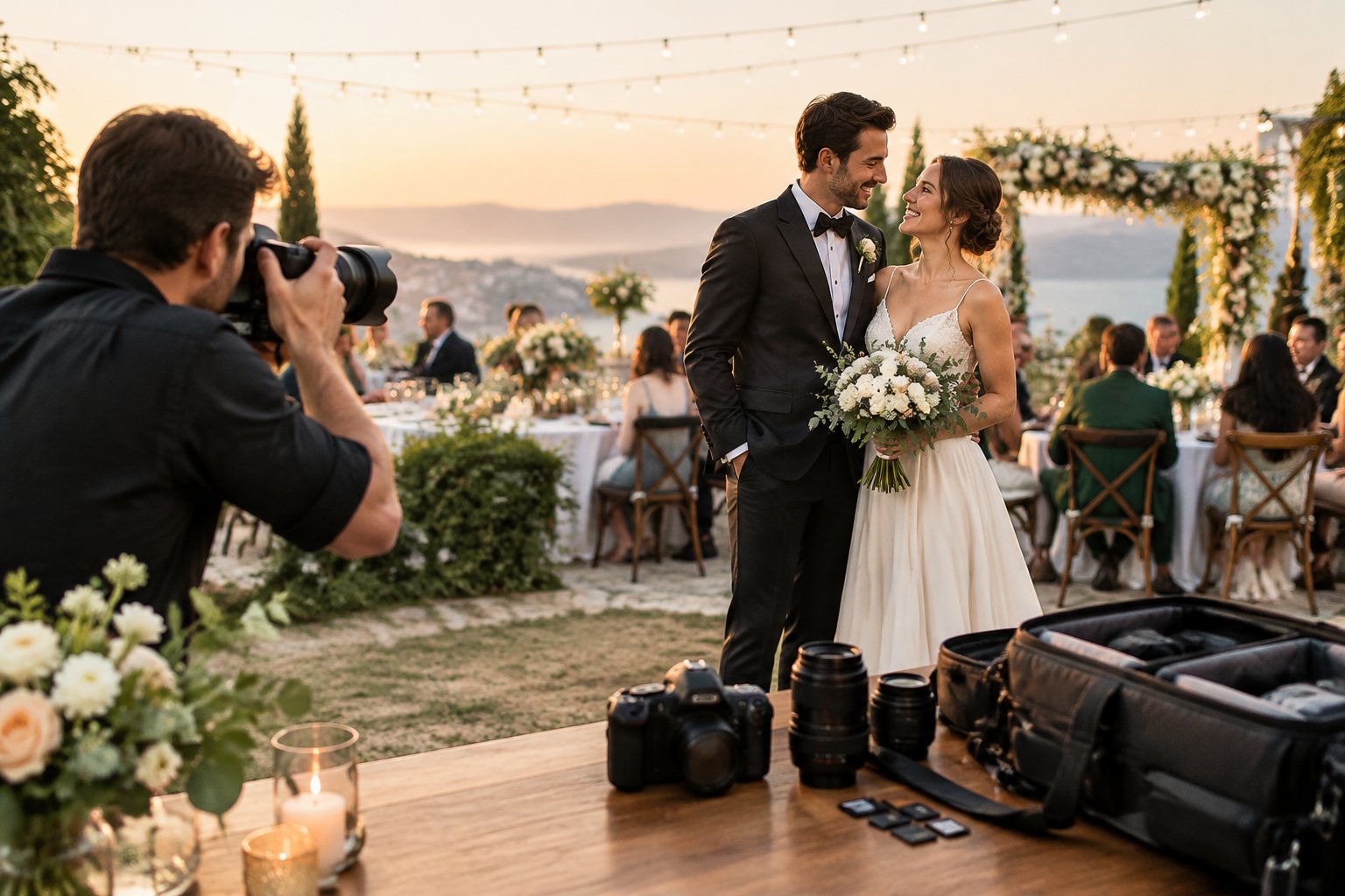 A wedding photographer captures a newlywed couple at an outdoor reception while photography equipment rests nearby.