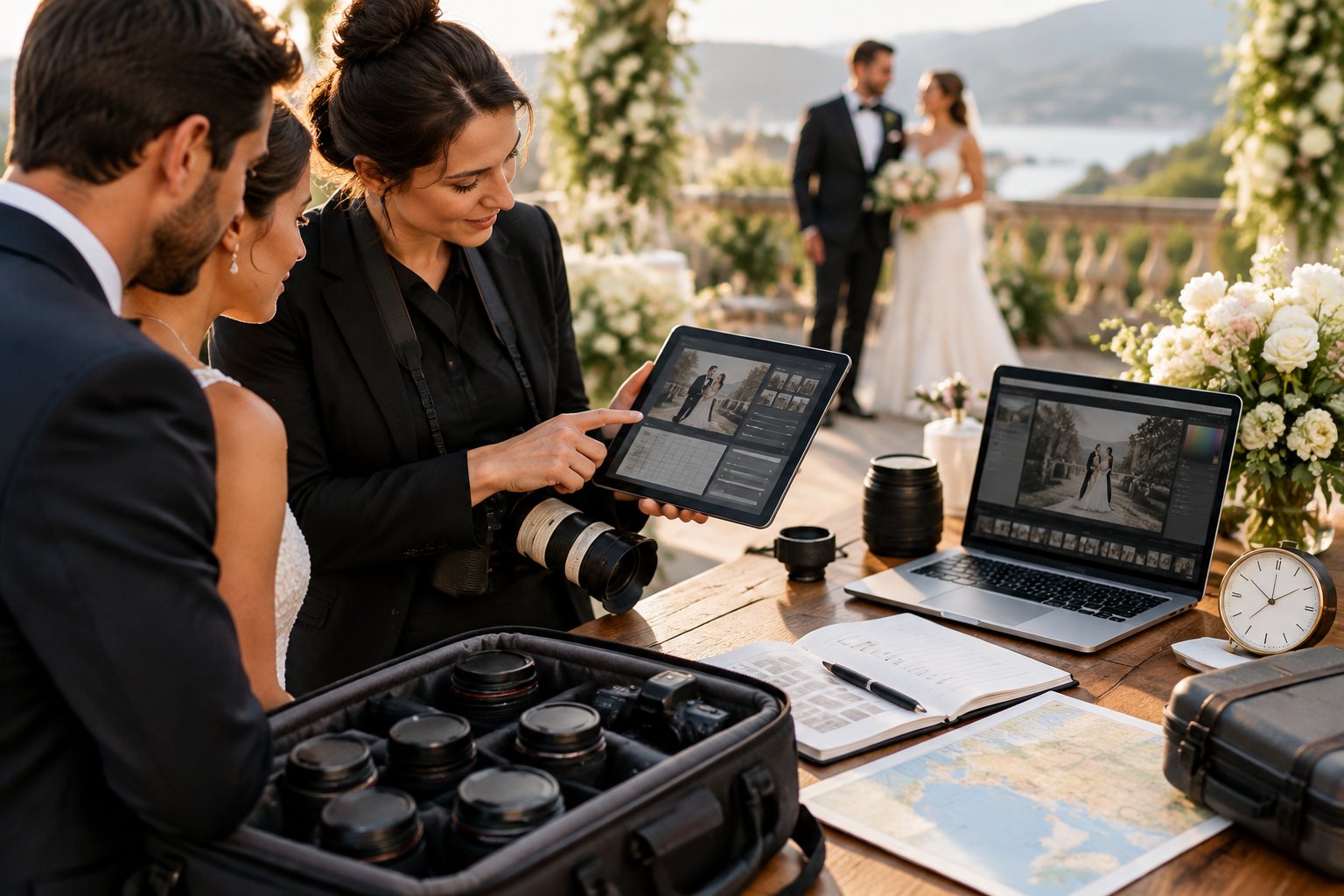 A wedding photographer reviews camera equipment and planning materials with a couple at an elegant wedding venue.