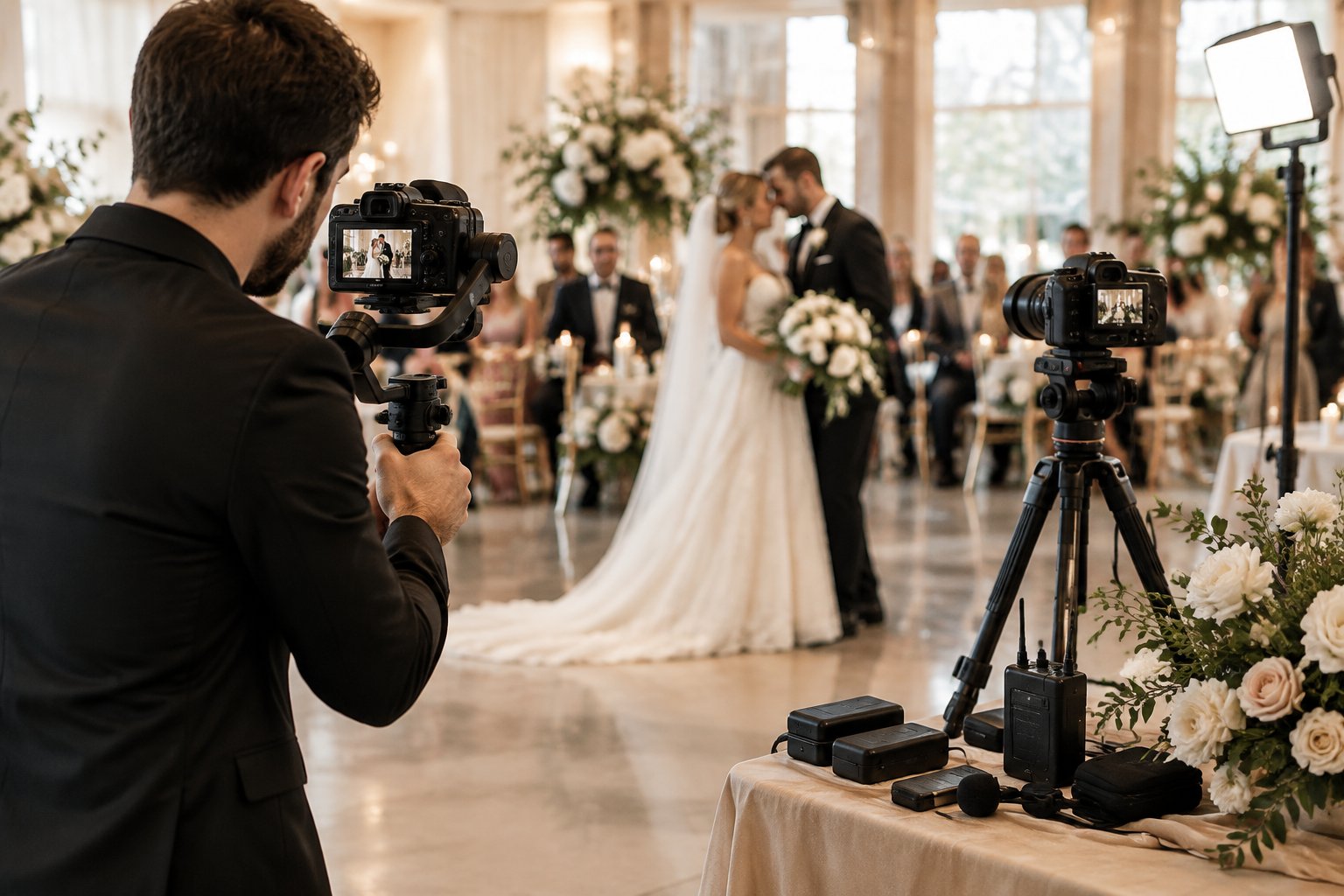 A wedding videographer films a joyful couple during an elegant reception while professional equipment sits nearby.