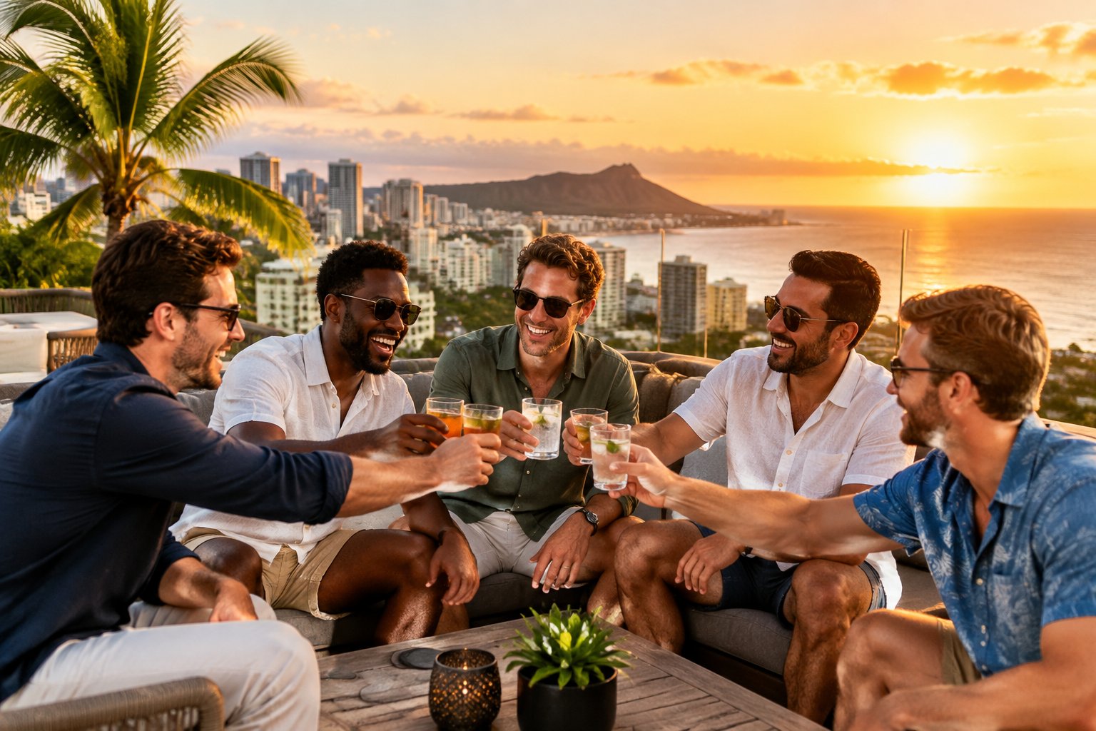 A group of male friends celebrates together on a rooftop overlooking a sunny coastal city.