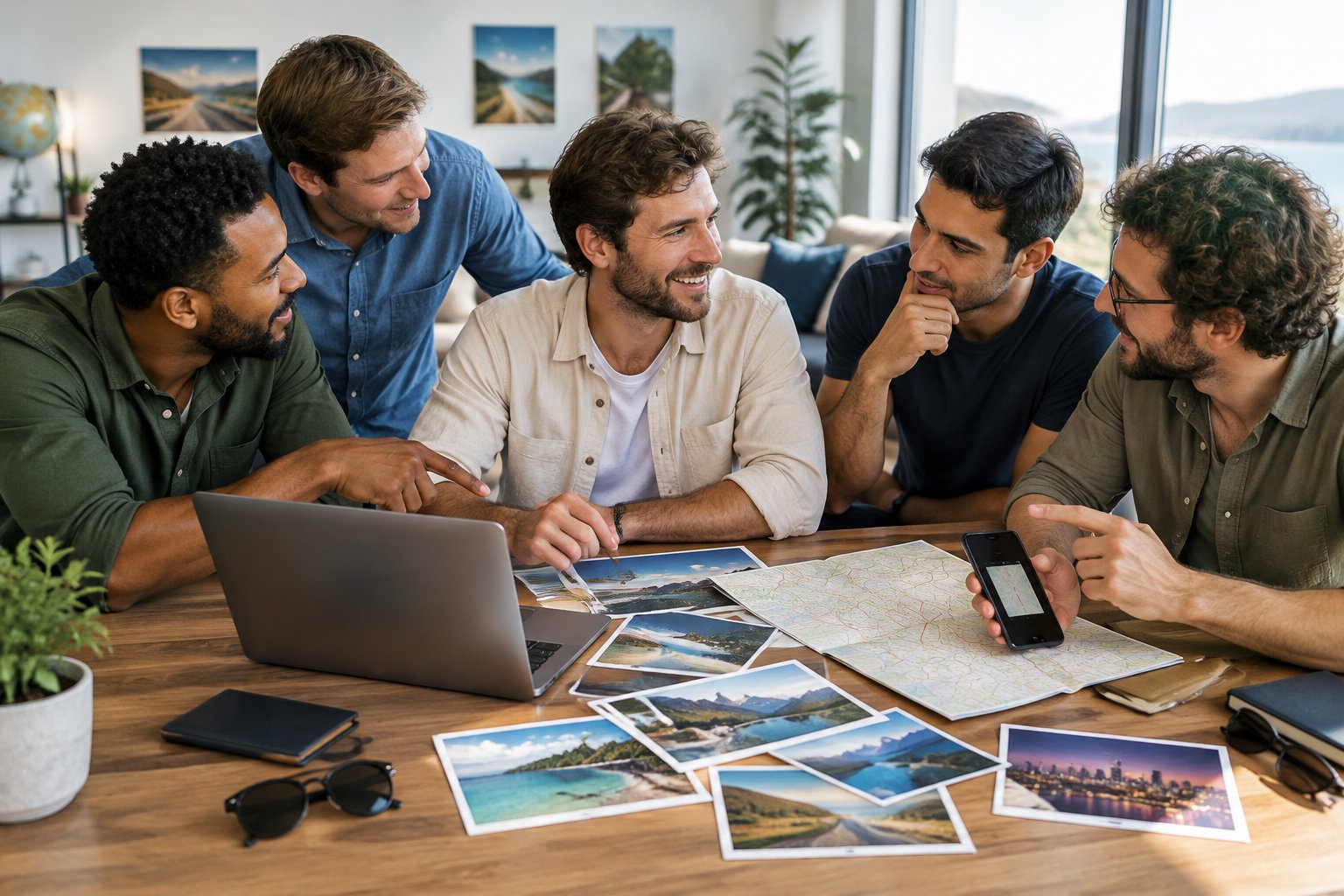 Friends gather around a table to compare travel options for a groom’s bachelor trip.