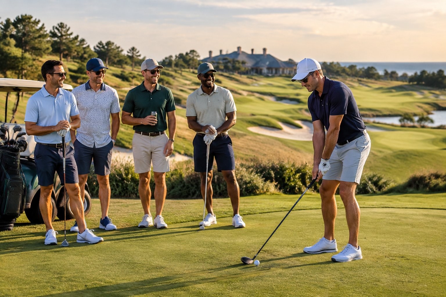 A group of friends gathers with golf clubs on a sunny resort golf course.