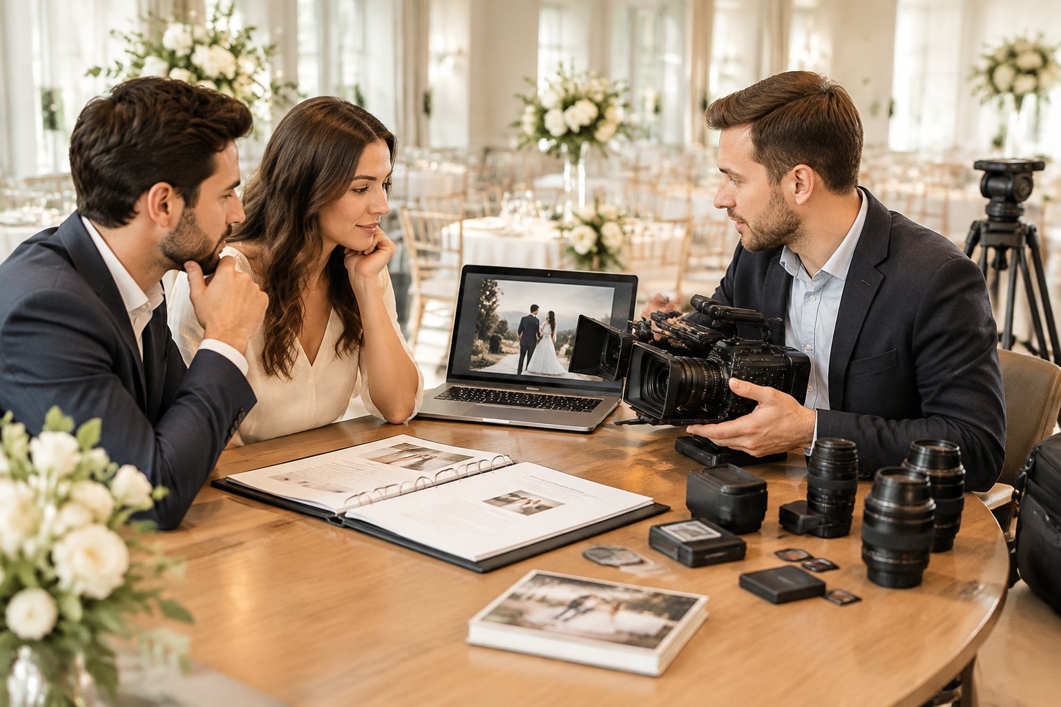 An engaged couple reviews wedding videography options with a professional videographer at a reception venue.