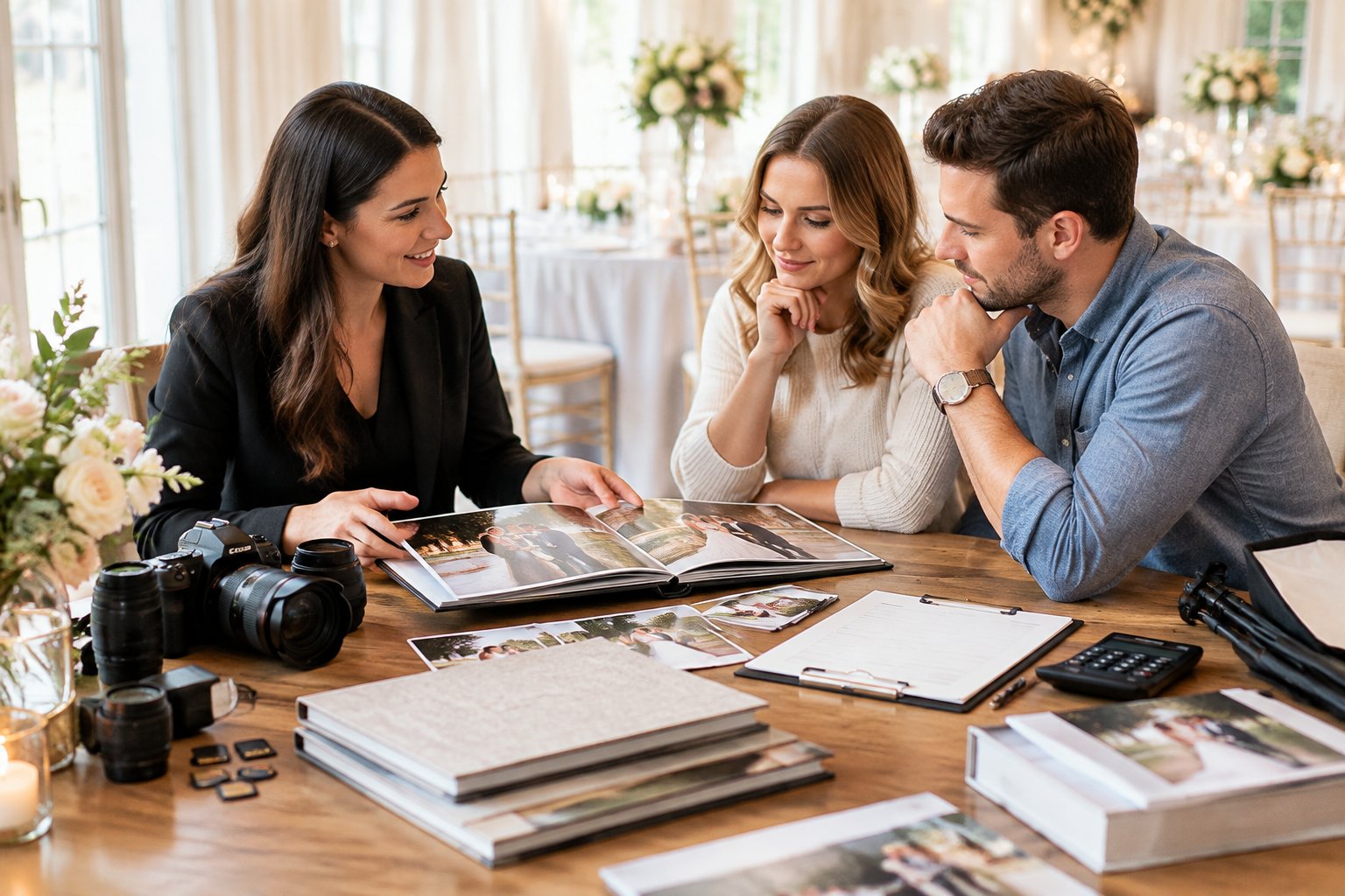 A wedding photographer reviews albums, camera equipment, and service options with an engaged couple at a consultation table.