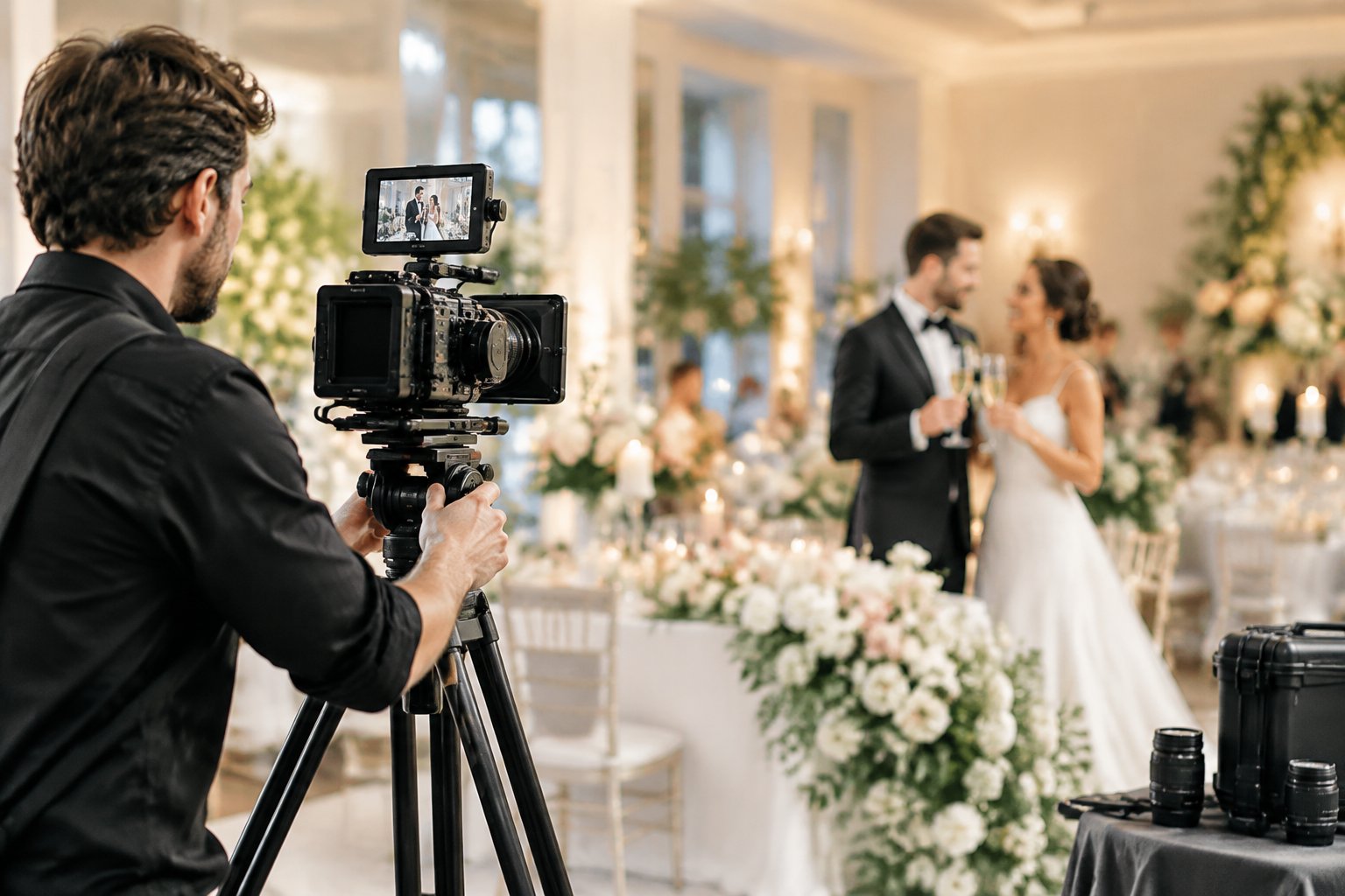 A wedding videographer records a newlywed couple during an elegant reception.