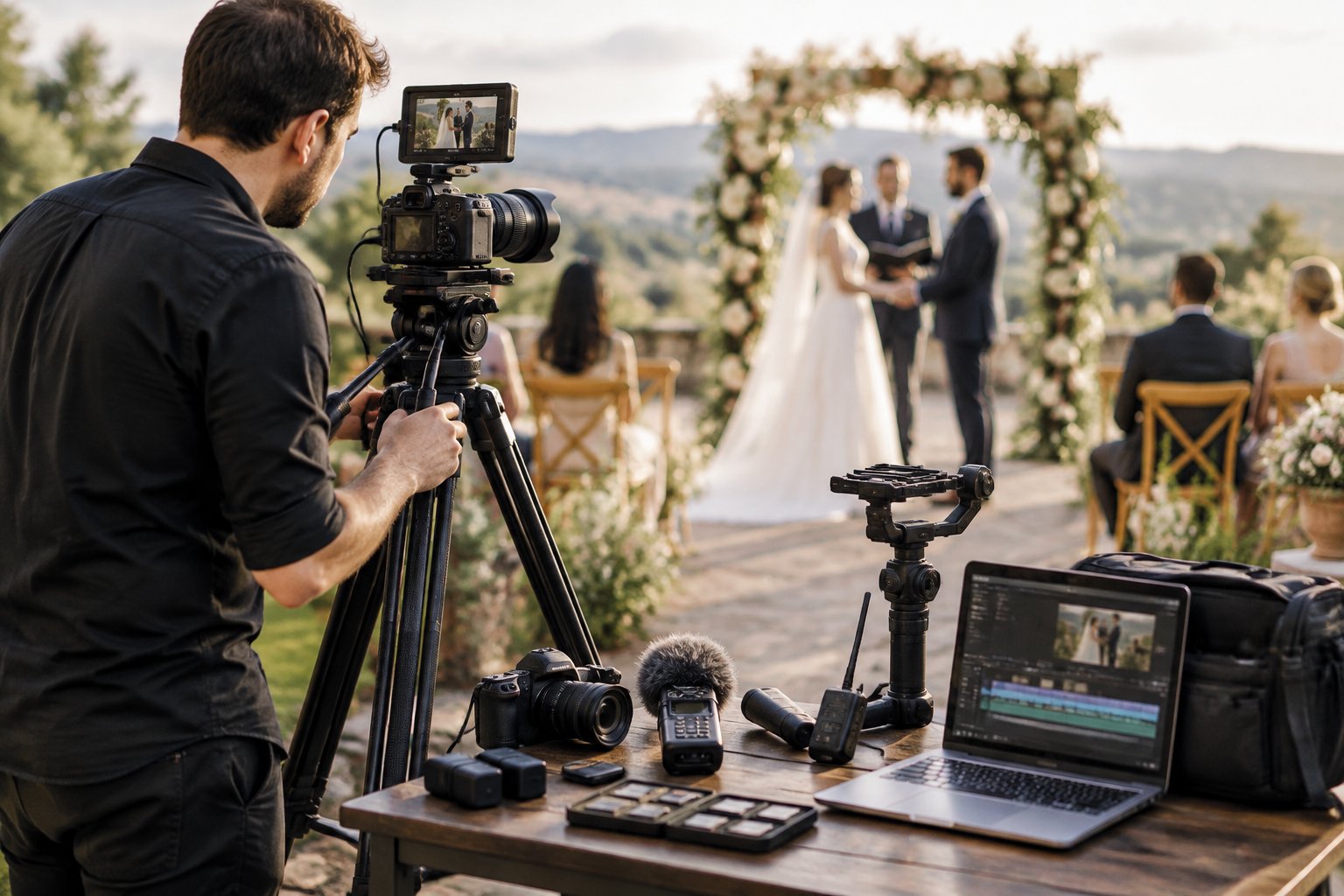 A wedding videographer records a ceremony with professional cameras and audio equipment while a couple exchanges vows in the background.