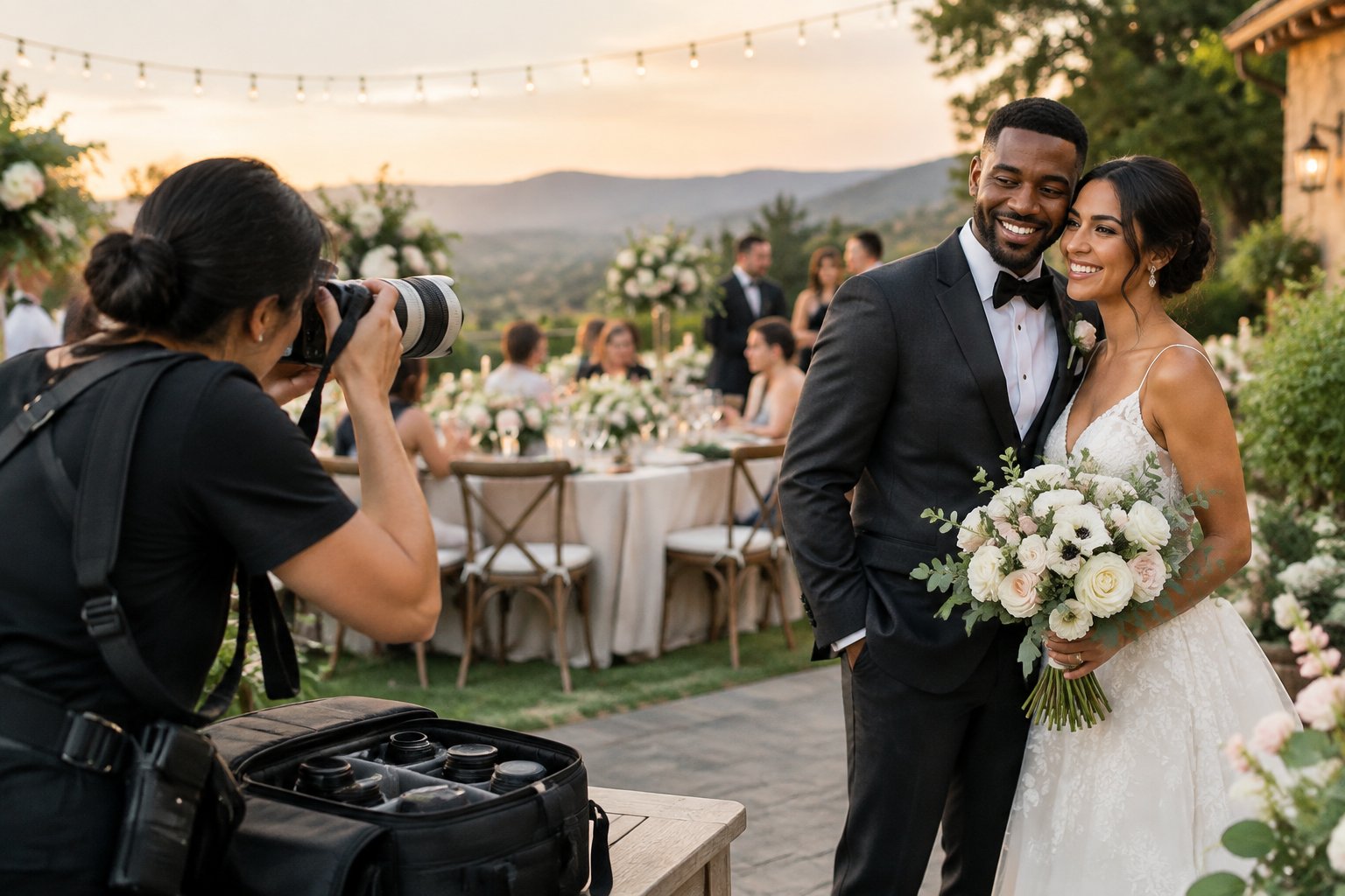 A wedding photographer captures a newlywed couple at an elegant outdoor reception.