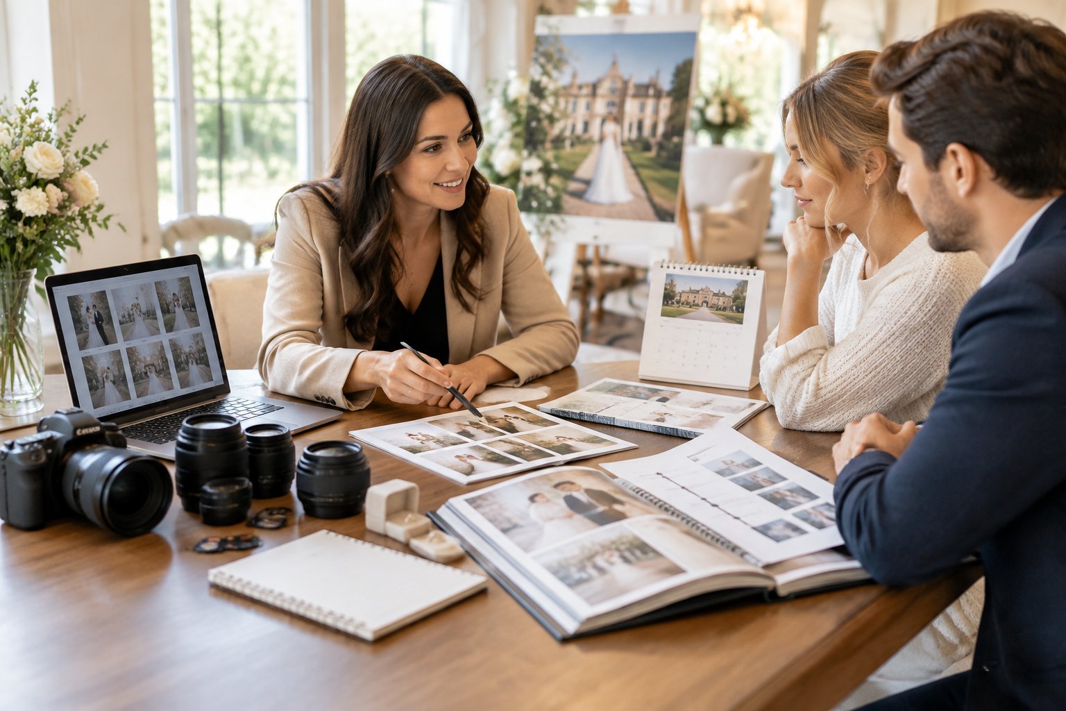 A wedding photographer discusses pricing options with an engaged couple at a table surrounded by photography equipment and wedding planning materials.