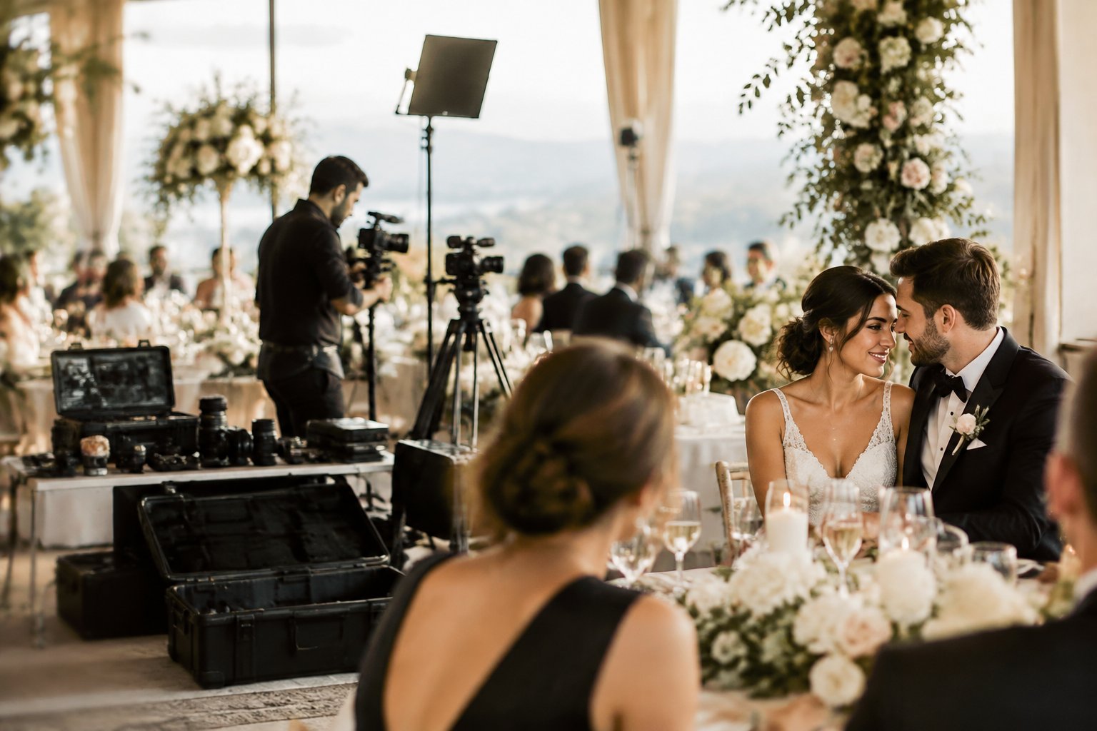 A wedding videographer films a couple at an elegant reception while professional camera and lighting equipment sits nearby.