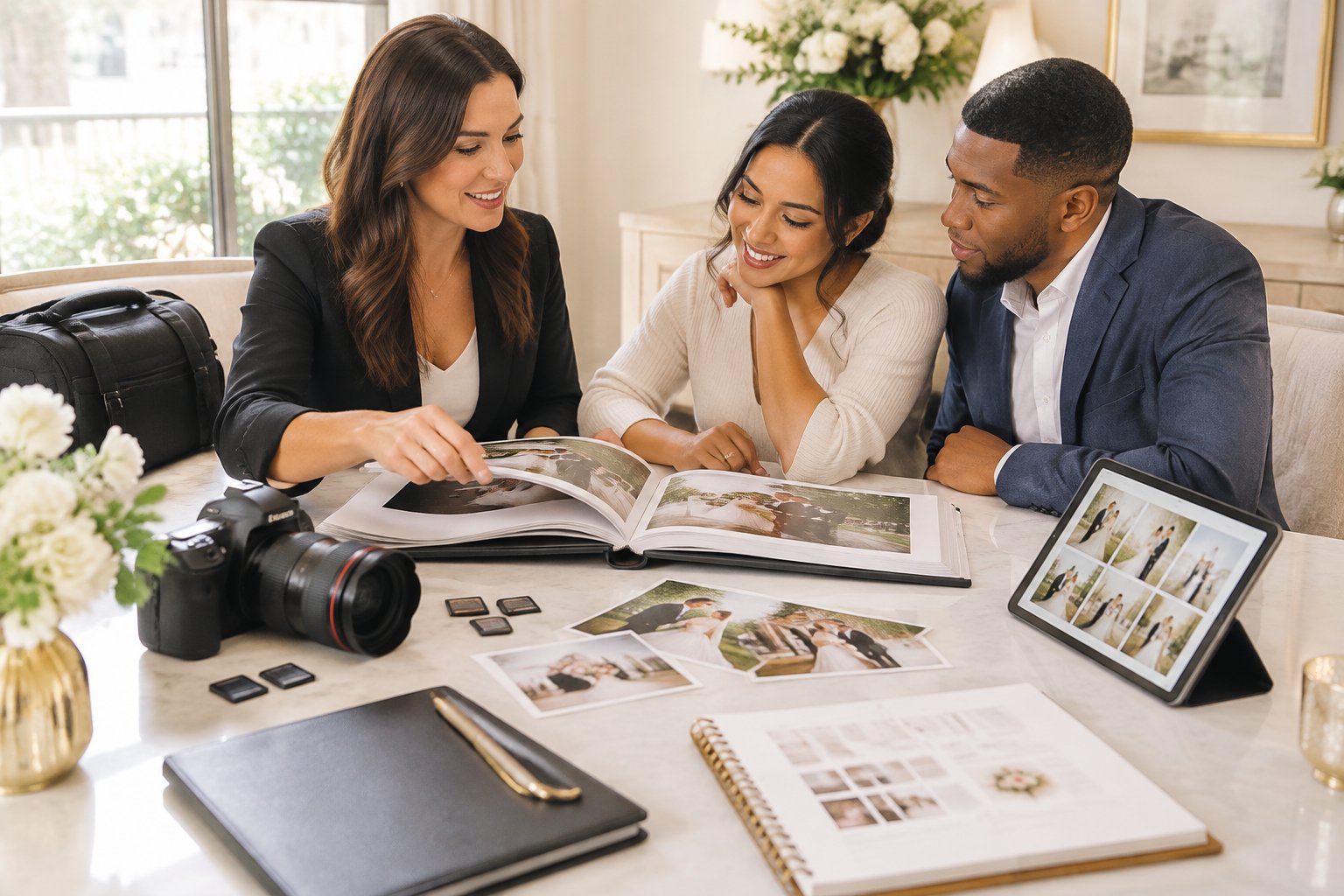 A wedding photographer reviews an album and photo gallery with an engaged couple beside camera equipment.