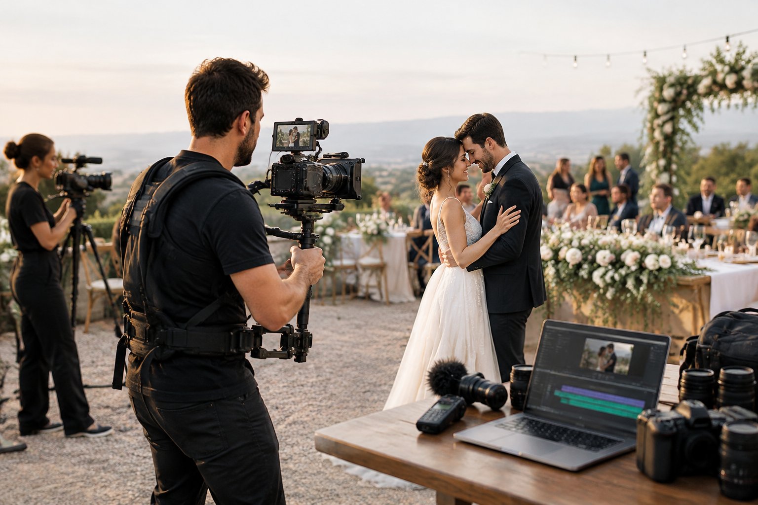 A wedding videographer films a newlywed couple at an elegant reception while another camera operator records from a different angle.