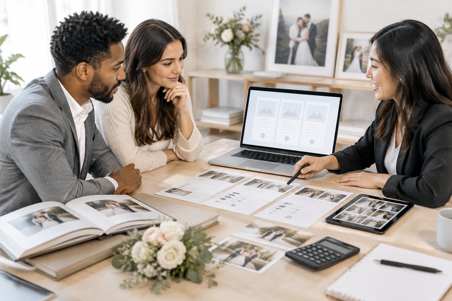 An engaged couple compares wedding photography packages with a photographer at a consultation table.