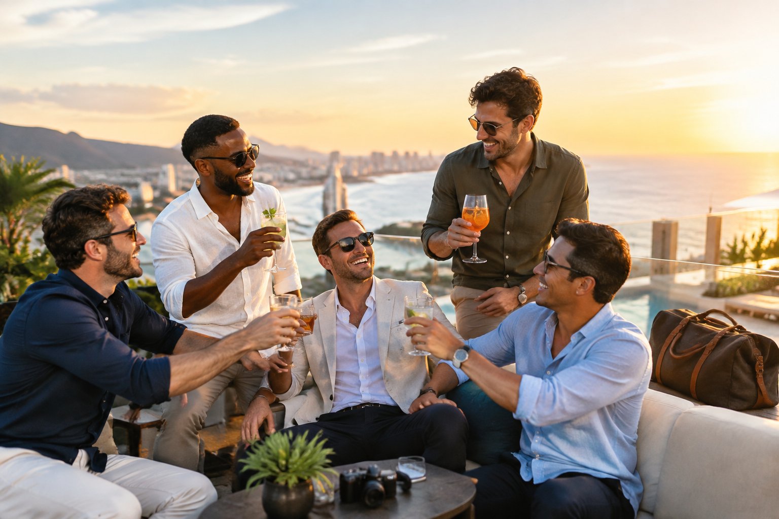 A group of friends celebrating together on a rooftop overlooking a scenic coastal city.