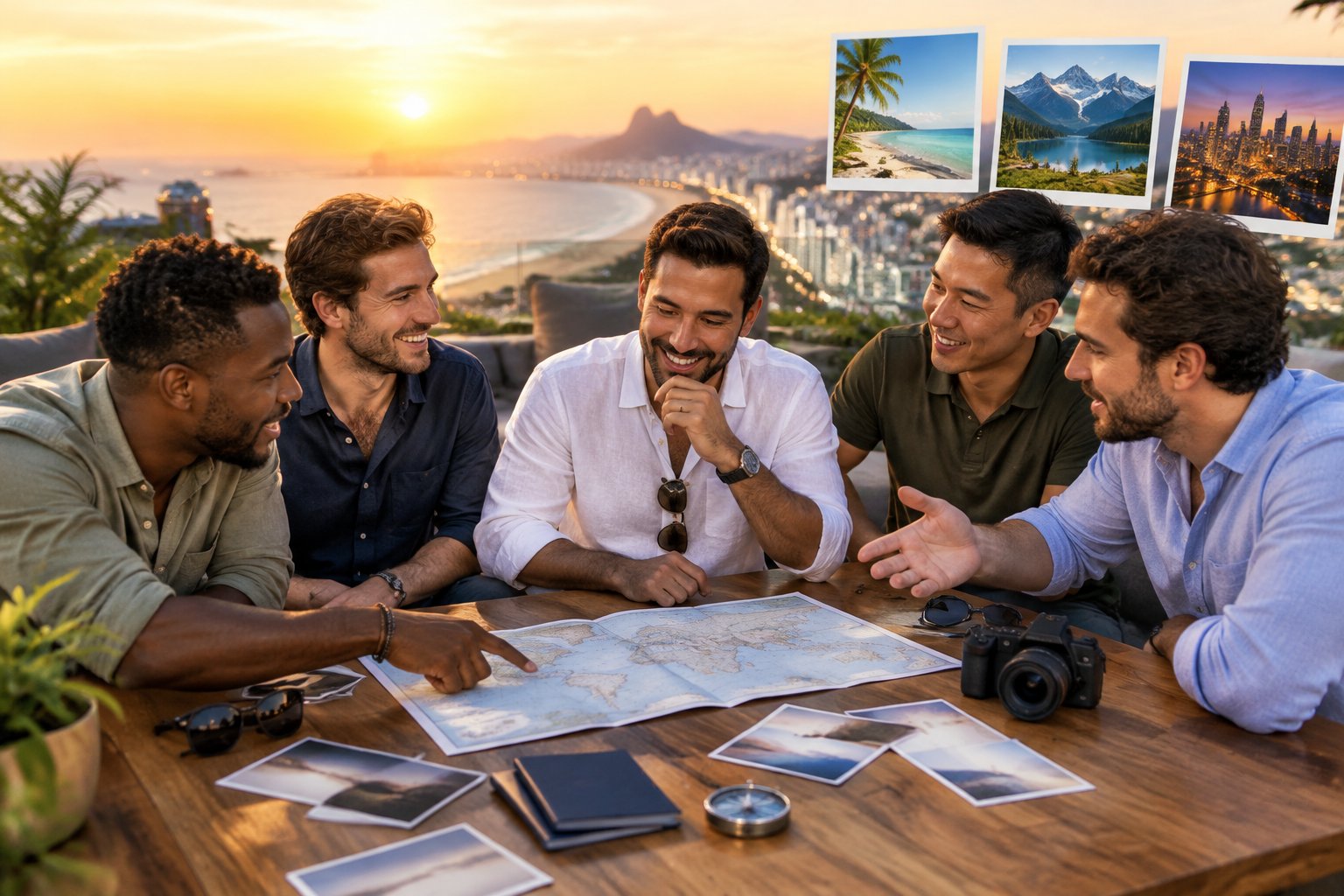 A group of friends compares travel ideas for a groom at a rooftop lounge overlooking a coastal city.
