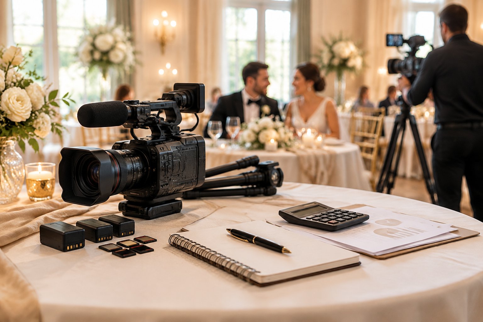 A wedding videographer’s camera and budgeting tools sit on a reception table while a newlywed couple is filmed in the background.