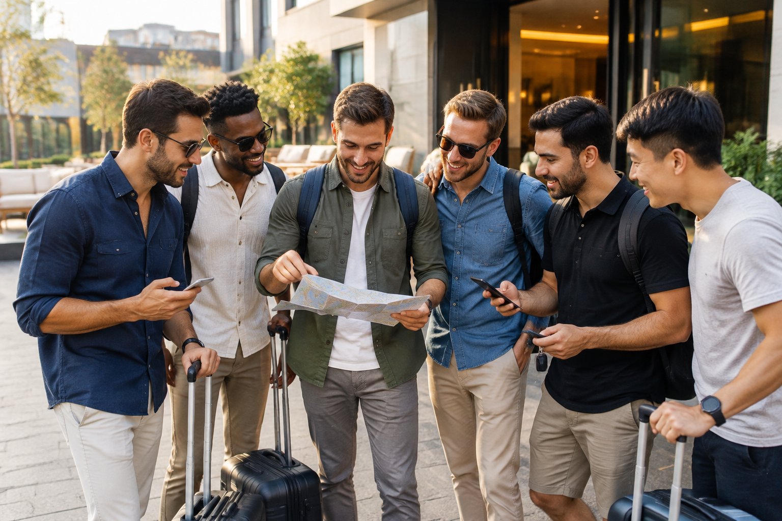 A group of friends compares travel plans outside a stylish vacation rental with luggage nearby.