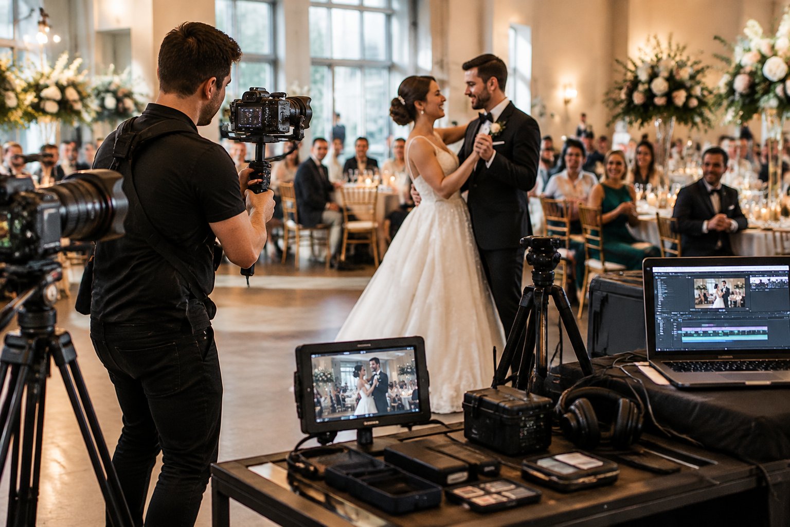 A wedding videographer films a newlywed couple at an elegant reception while recording equipment is arranged nearby.