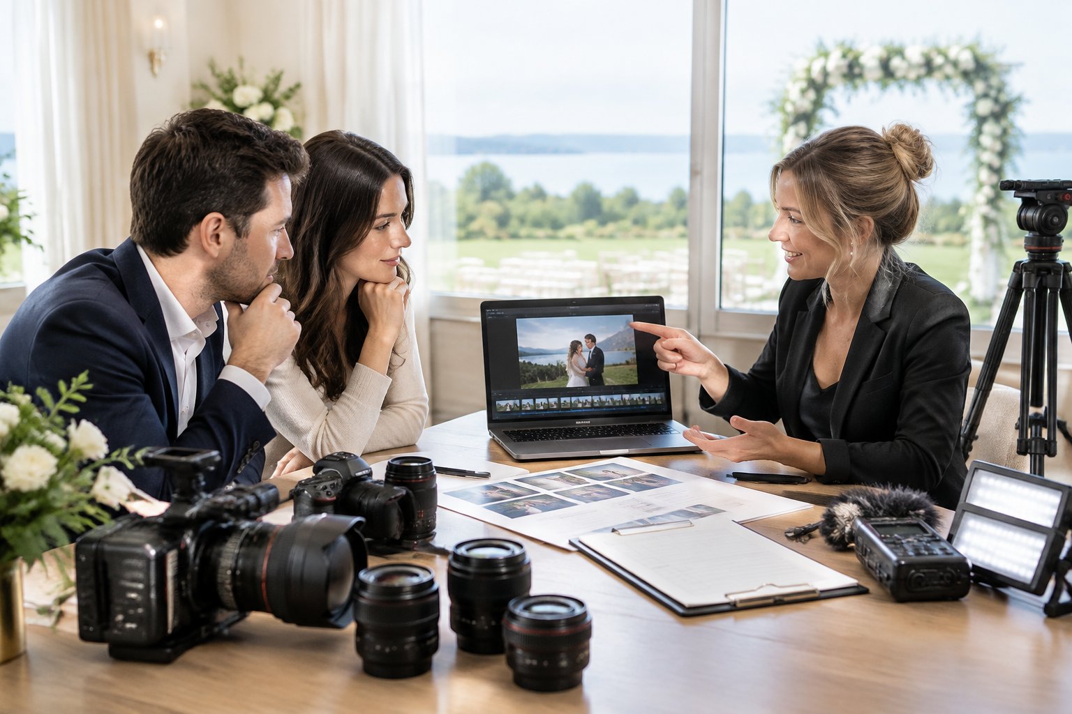 A wedding videographer discusses camera equipment and service options with an engaged couple at a consultation table.