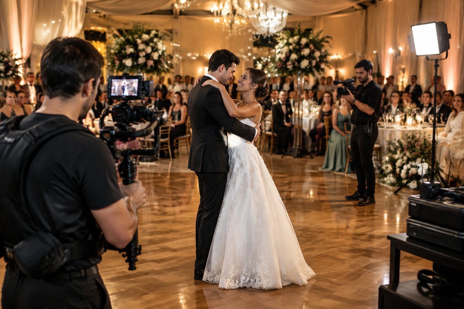 A wedding videographer films a couple during their first dance while a second camera operator and professional equipment work nearby.