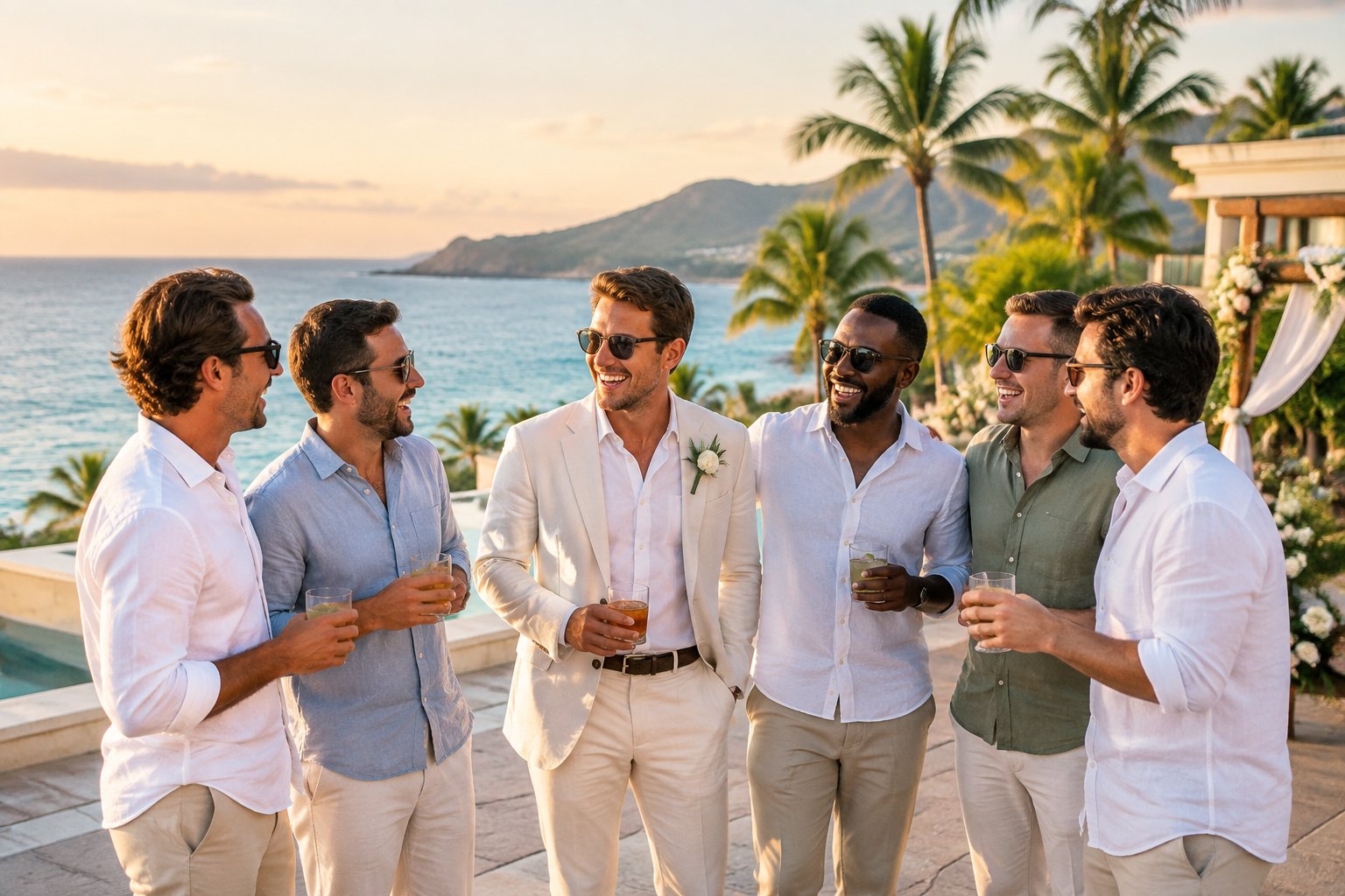 A groom-to-be celebrates with friends on a tropical beach resort during a destination wedding weekend.