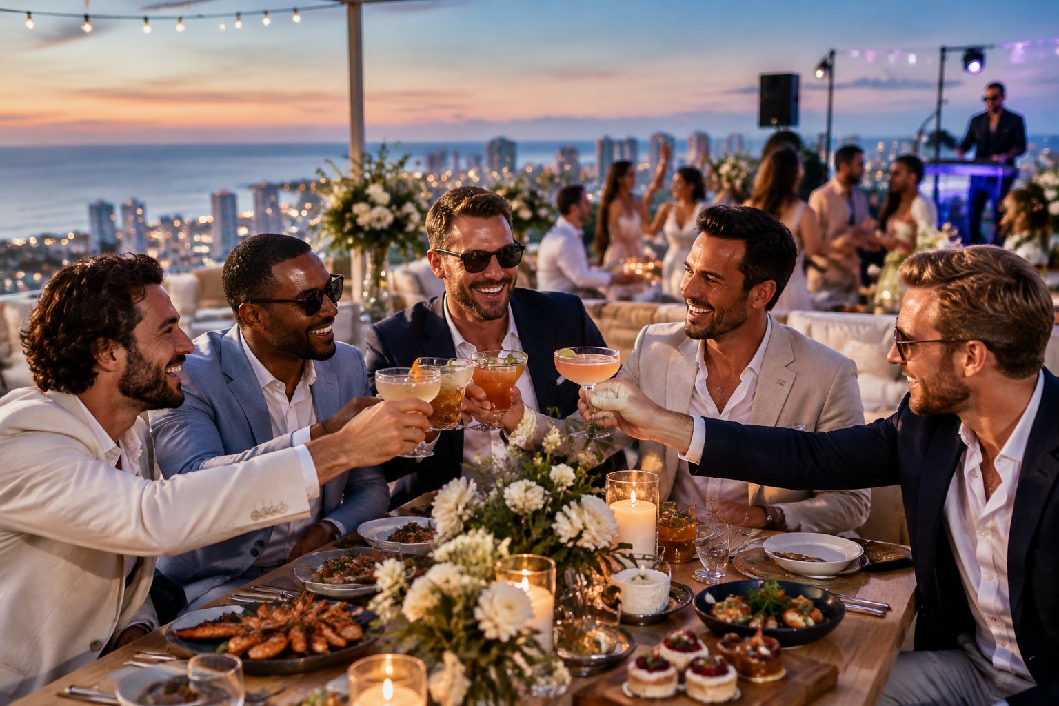 Friends celebrate a destination wedding at a rooftop evening gathering with music, gourmet food, and cocktails.