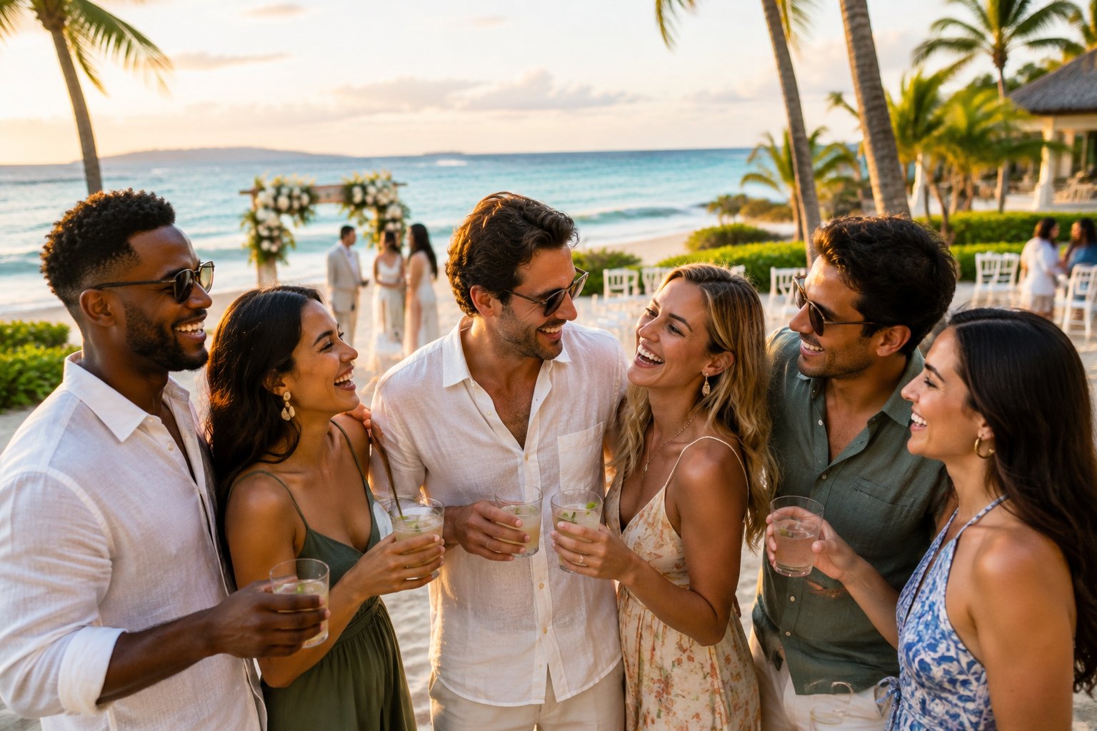 Friends celebrate together at a tropical beach resort near a simple seaside wedding setup.