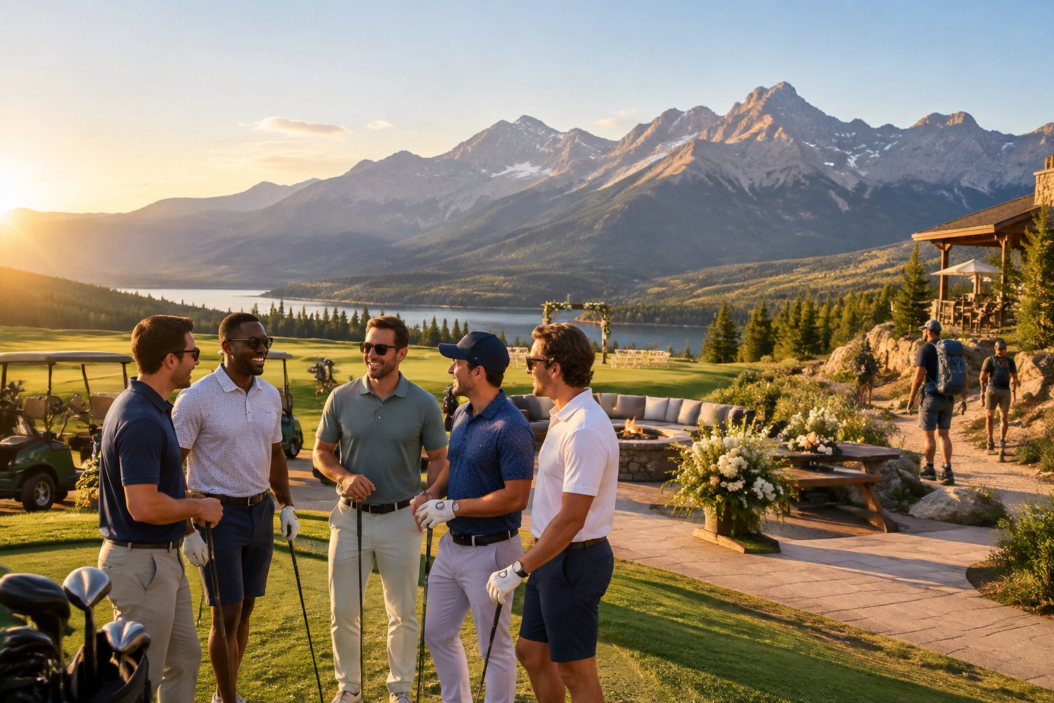 Friends gather at a mountain golf resort with hiking trails and an elegant outdoor wedding setting.