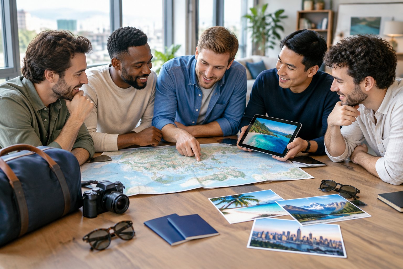 Friends gather around a table to compare travel destinations for a bachelor party.