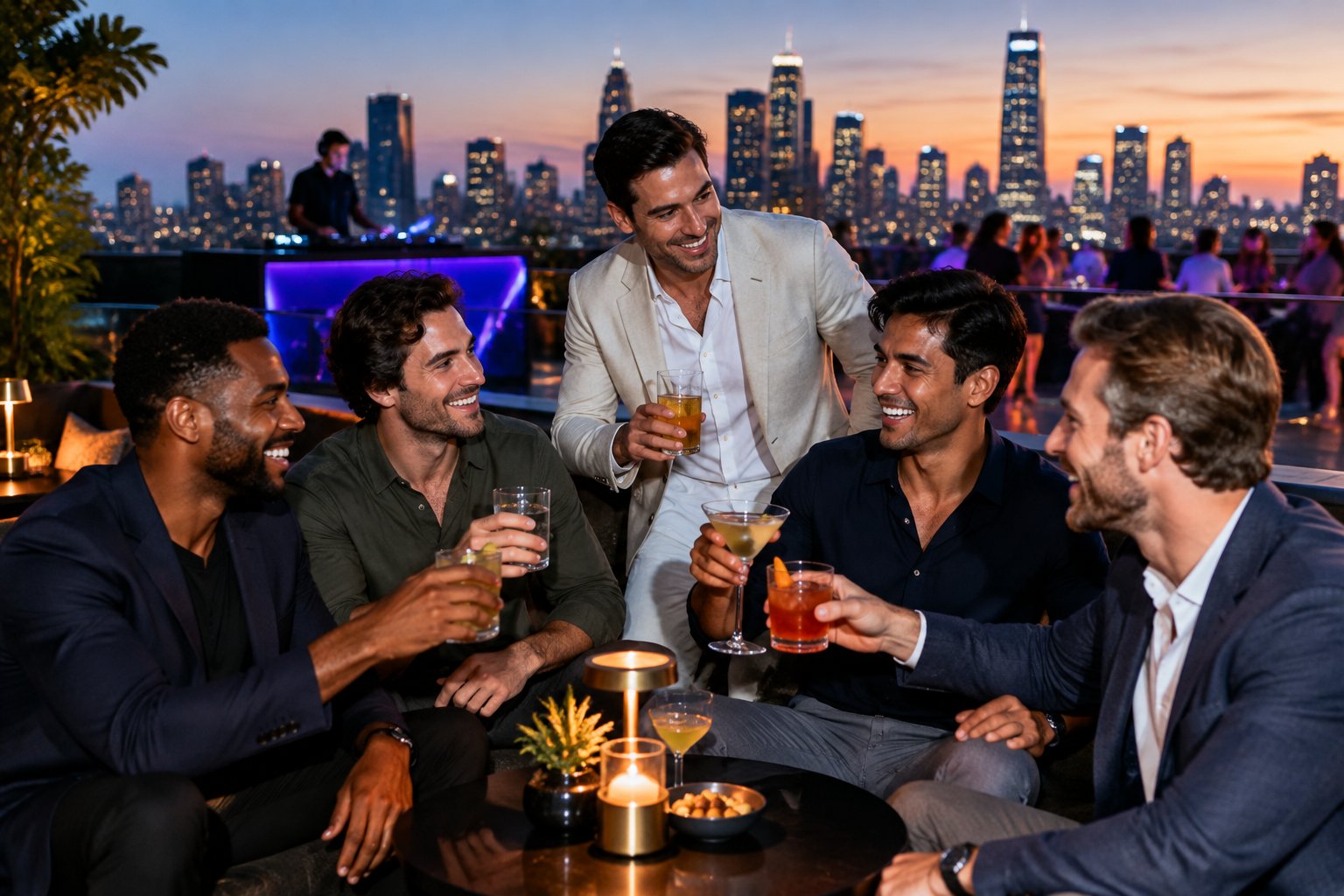 A group of friends celebrating together at an upscale rooftop nightlife venue overlooking a glowing city skyline.