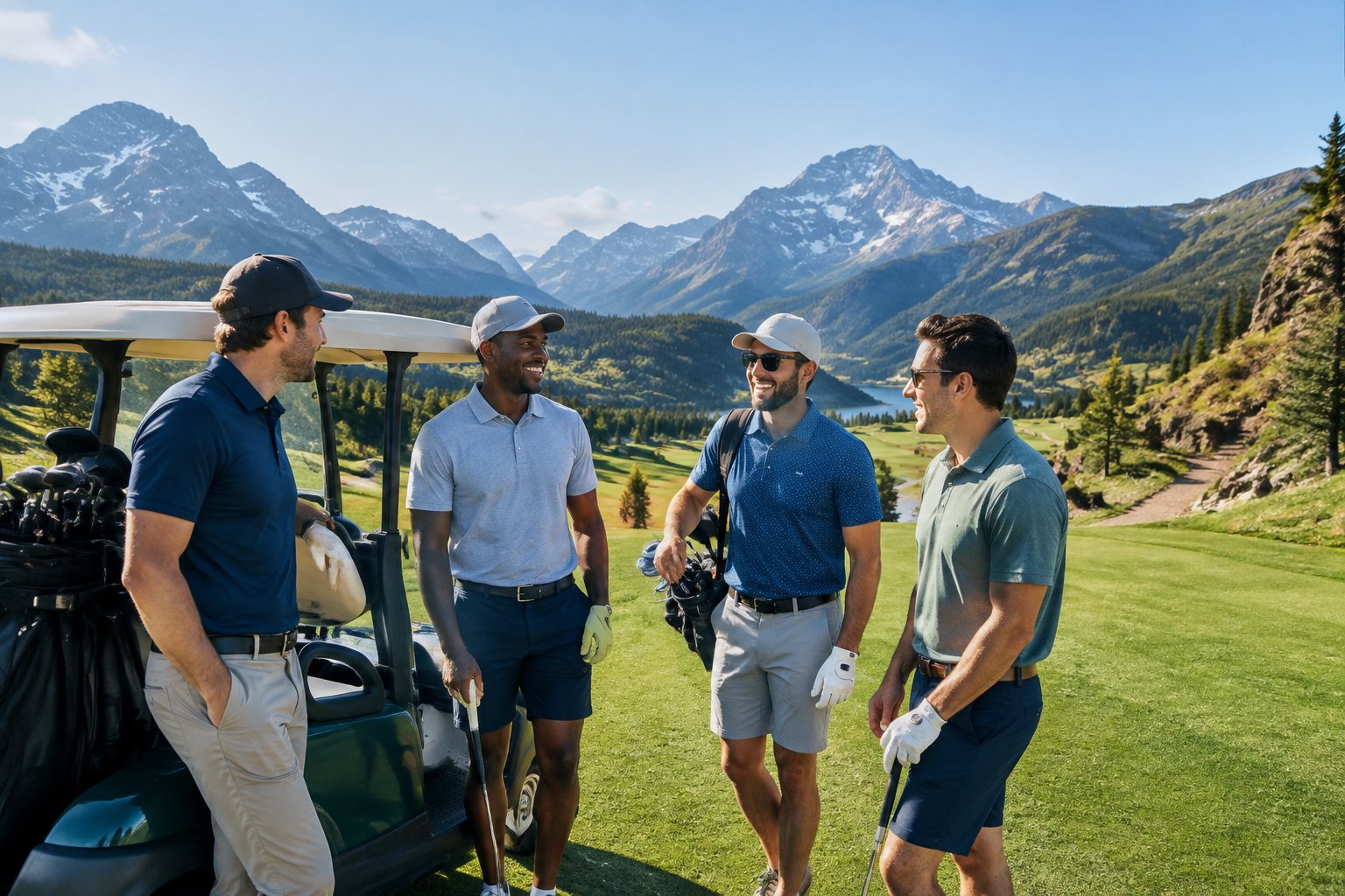 Friends gather with a golf cart on a mountain golf course surrounded by forests and alpine peaks.