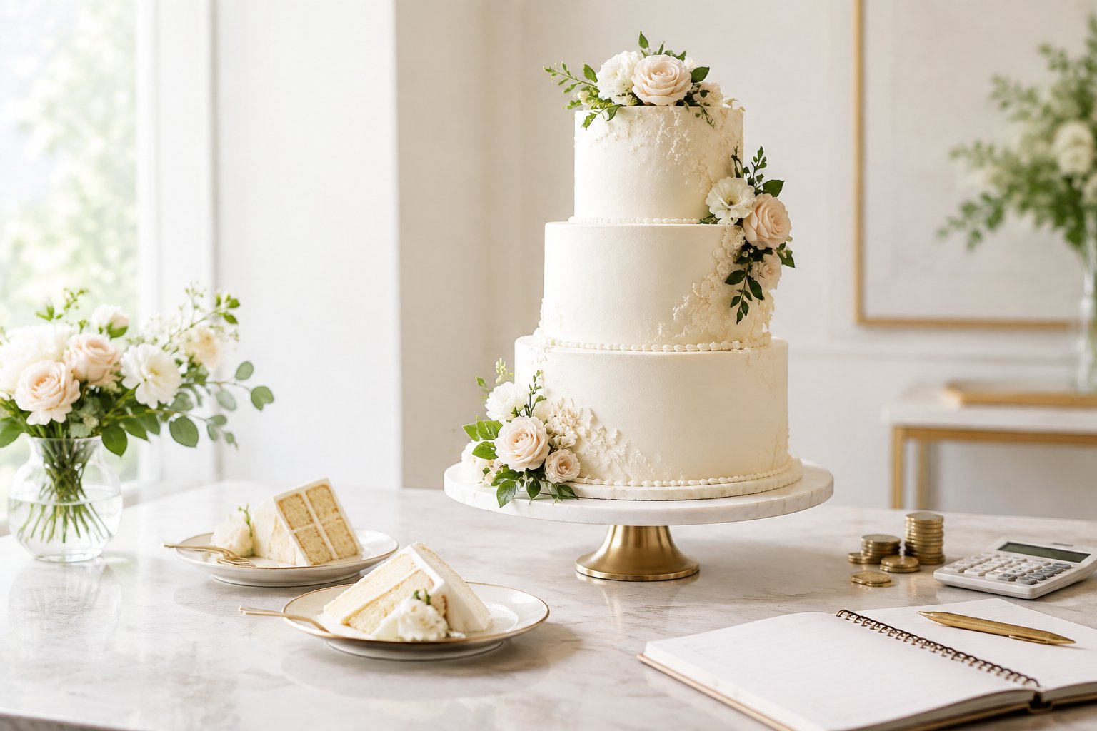 A decorated multi-tiered wedding cake displayed beside a wedding budget notebook and calculator.
