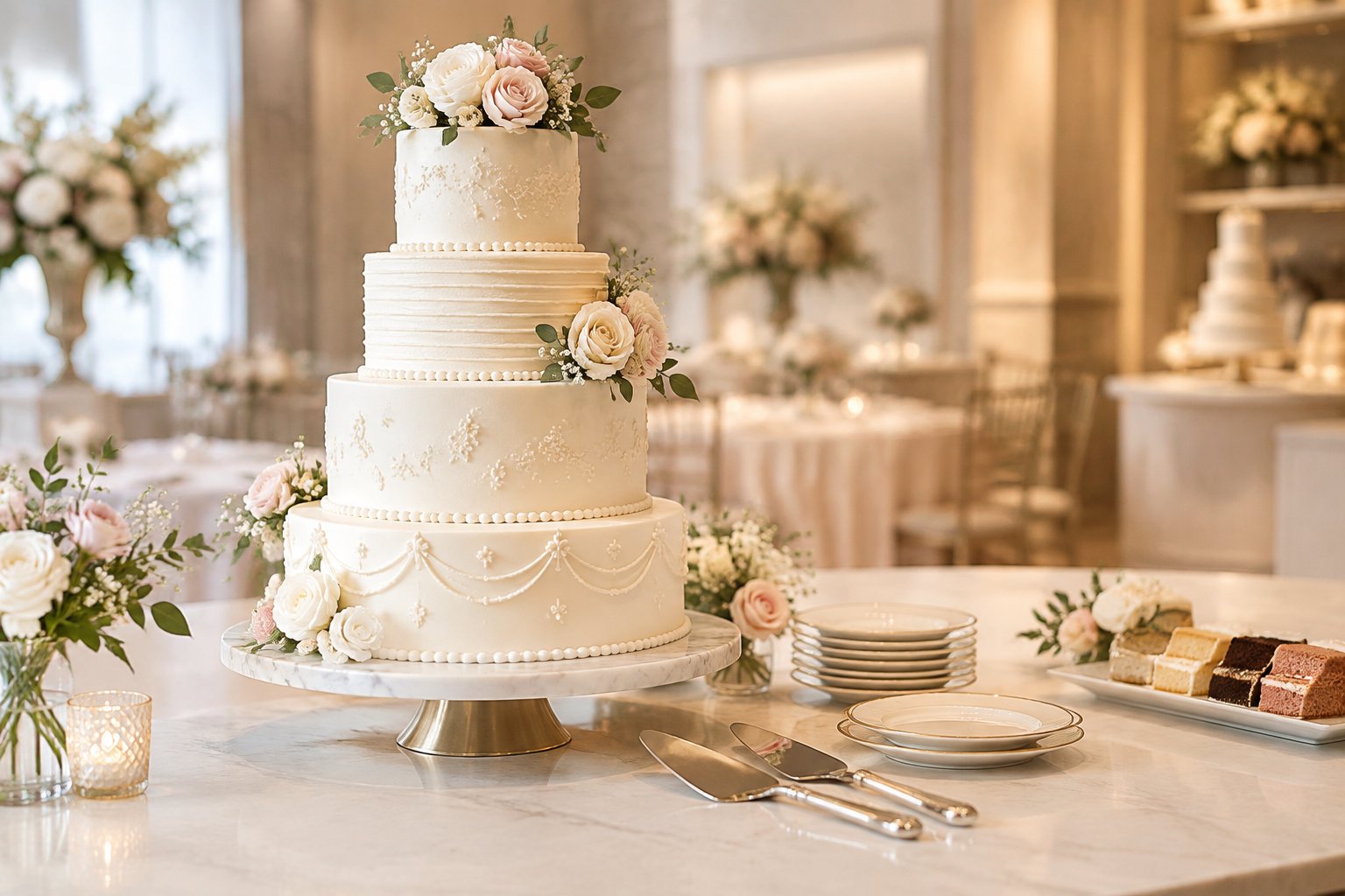 An elegant tiered wedding cake displayed on a table in a softly lit reception setting.