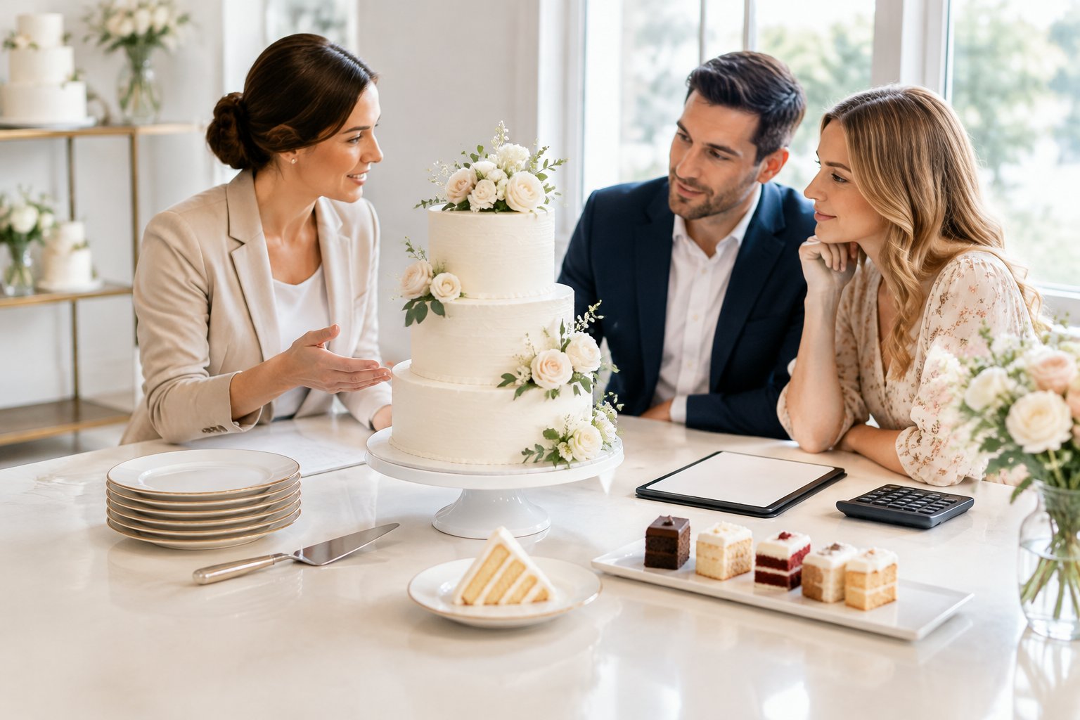A couple and a baker discuss a tiered wedding cake with sample slices and serving plates.
