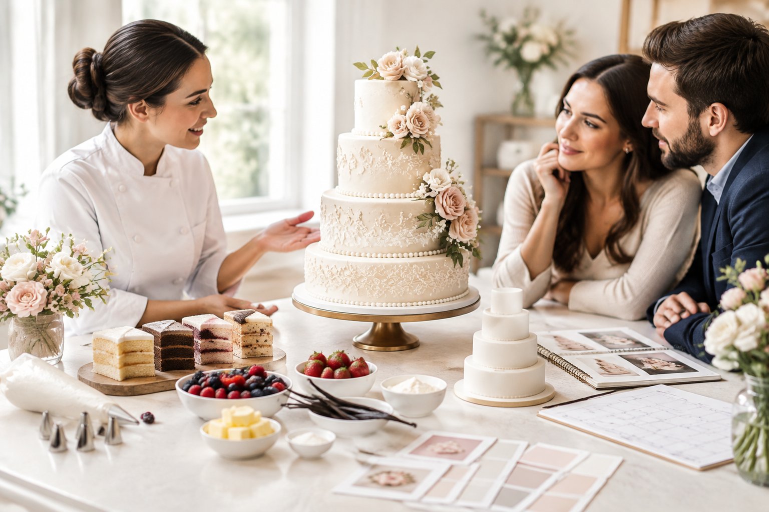 A baker discusses an elegant tiered wedding cake and decoration options with an engaged couple at a consultation table.