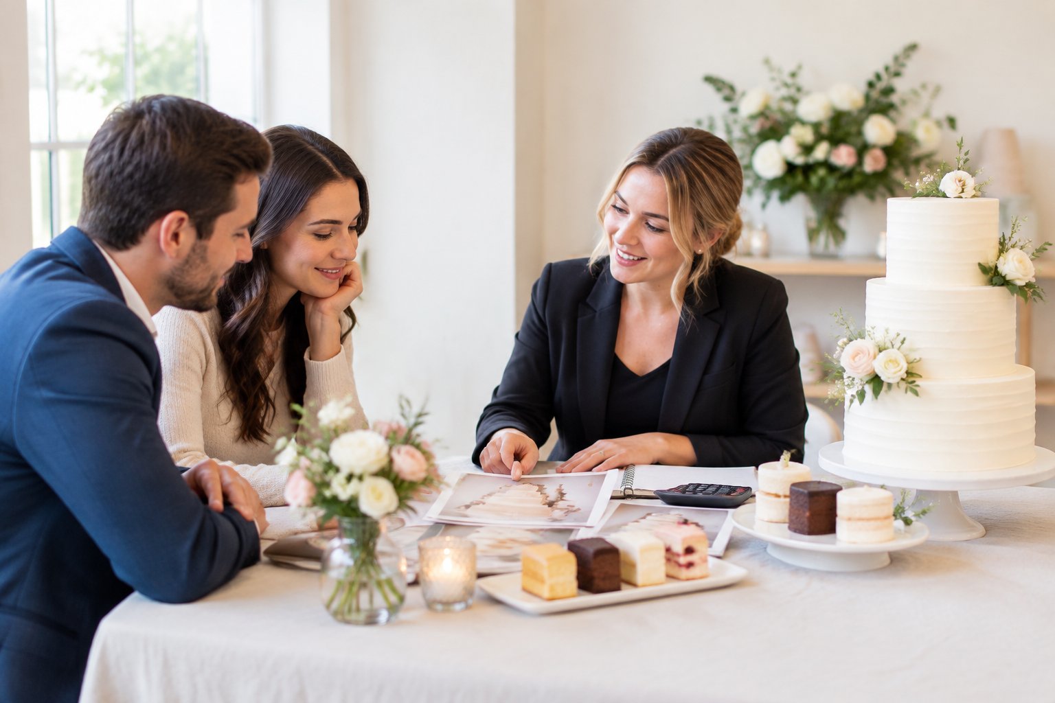 A couple discusses a three-tier wedding cake with a cake designer at a consultation table.