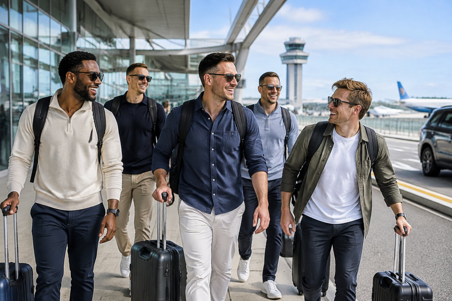 A group of friends with carry-on luggage gathers outside an airport terminal before a celebratory trip.