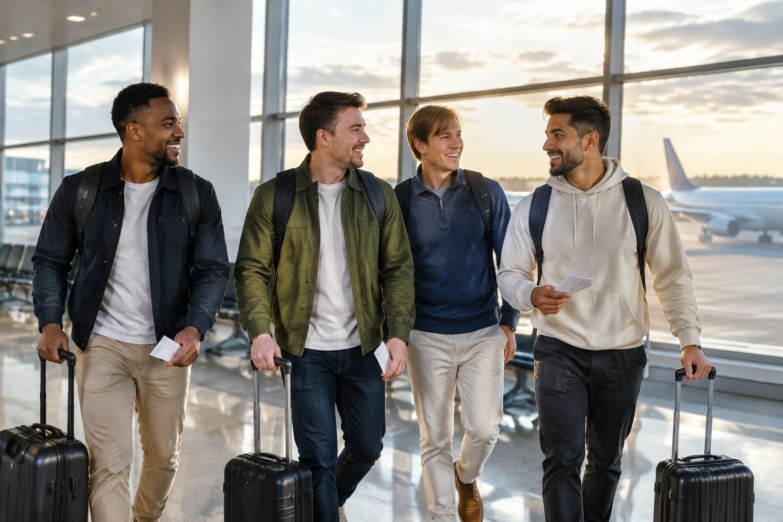 Four friends with carry-on luggage gather inside an airport terminal before a group trip.