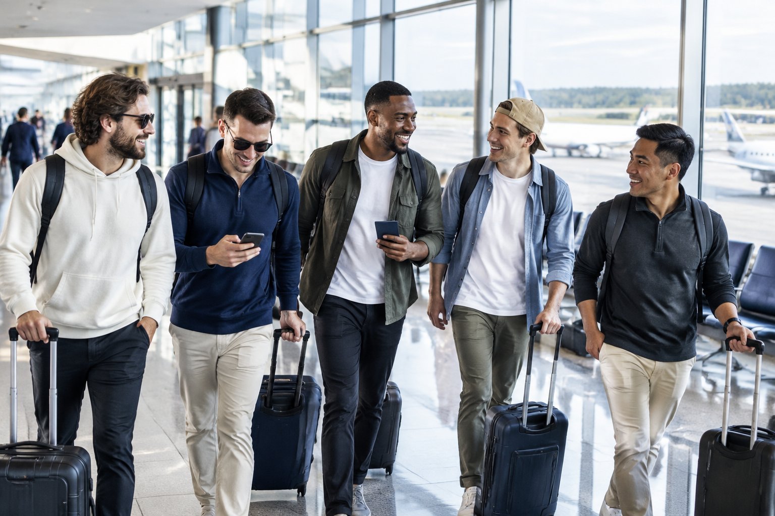 A group of friends with carry-on luggage preparing to travel through an airport.