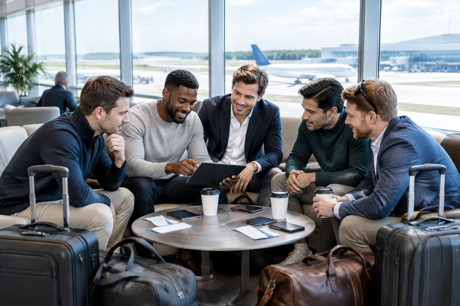 Friends compare travel plans together in an airport lounge with luggage nearby.