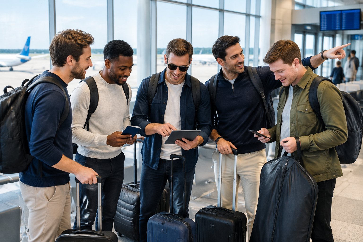 A group of friends with luggage plans their departure inside an airport terminal.