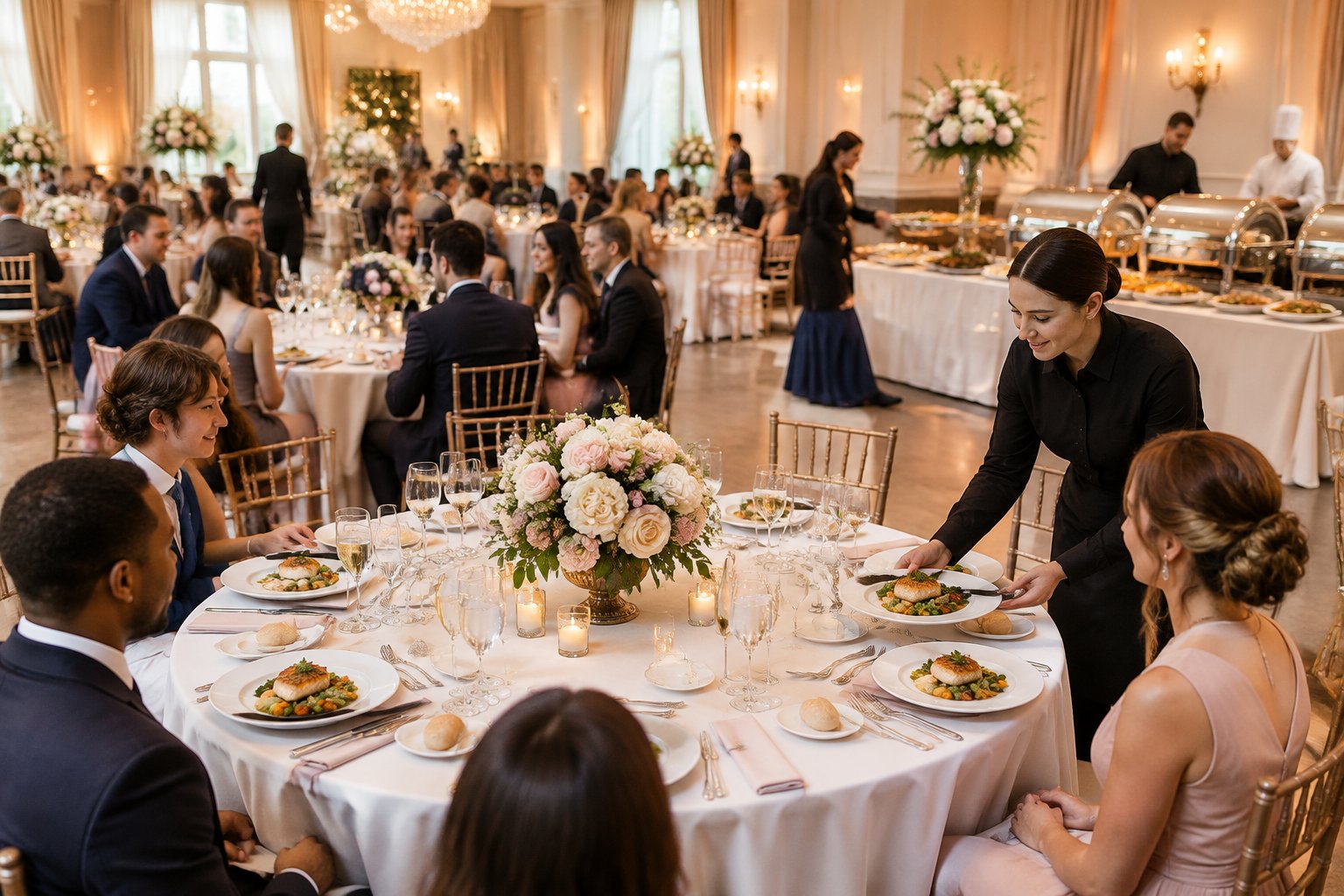 Elegant wedding reception with catered meals, decorated tables, and servers attending to guests.