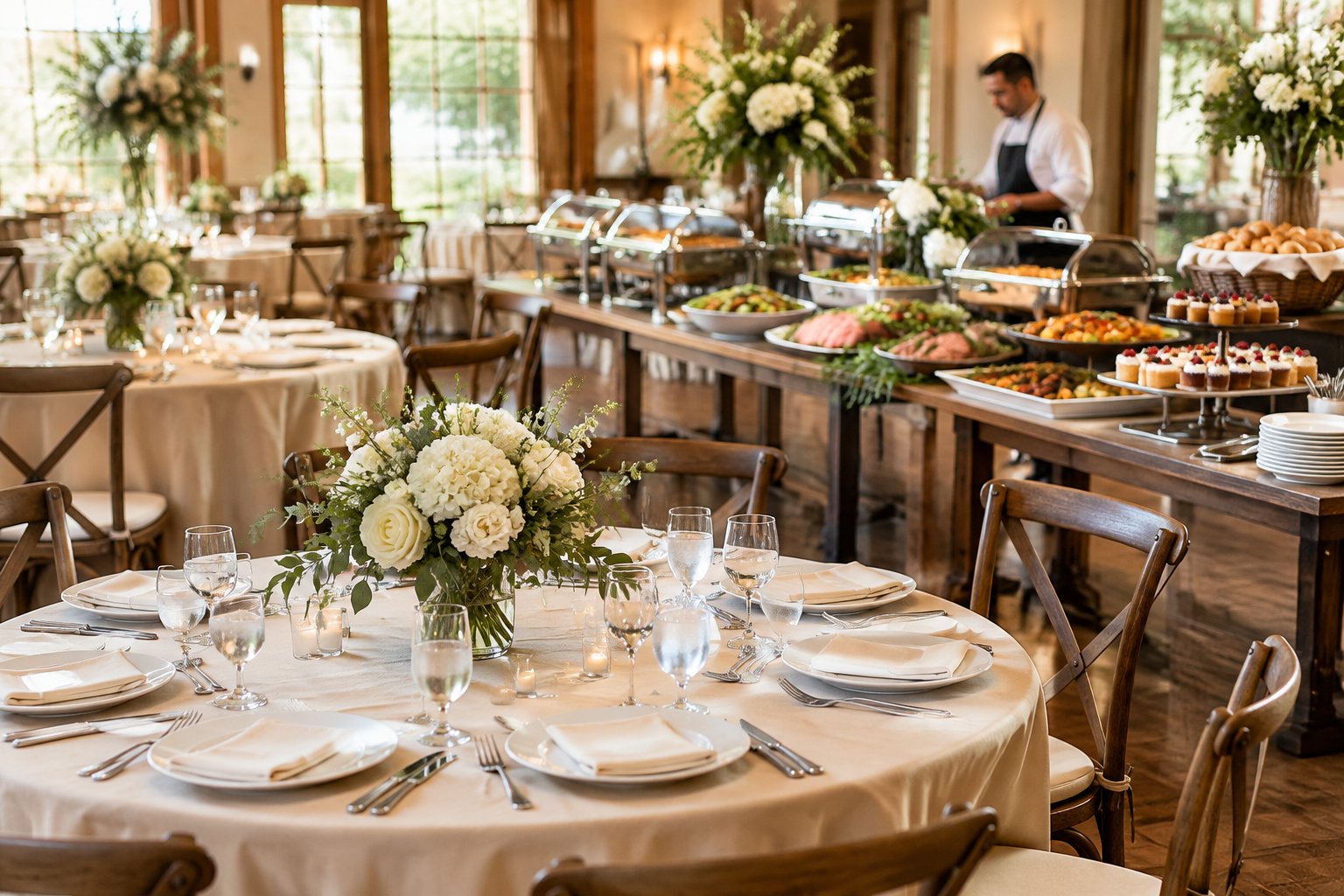 Wedding reception tables set for 100 guests with catered food and a buffet service area.