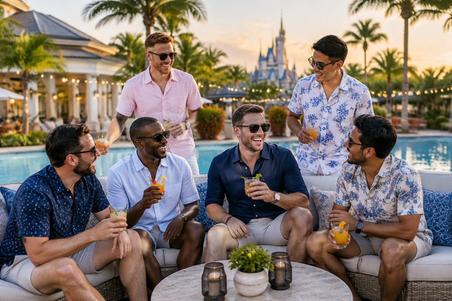 A group of friends celebrating together at a tropical luxury resort.