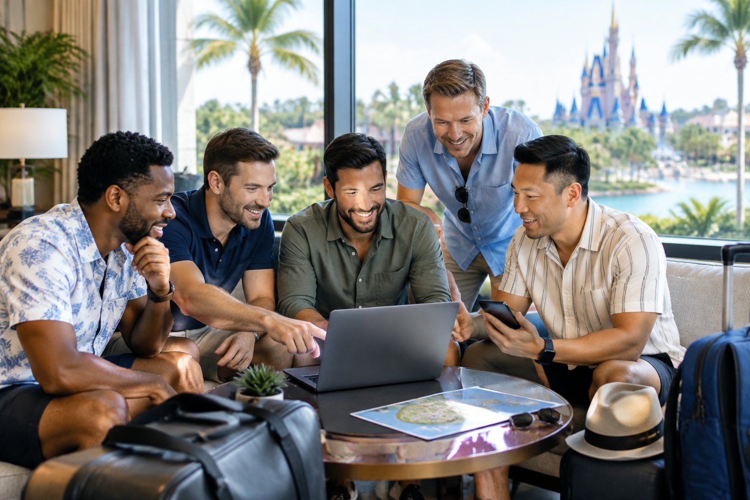 A group of friends compares accommodation options in a resort lounge near a Disney-themed destination.