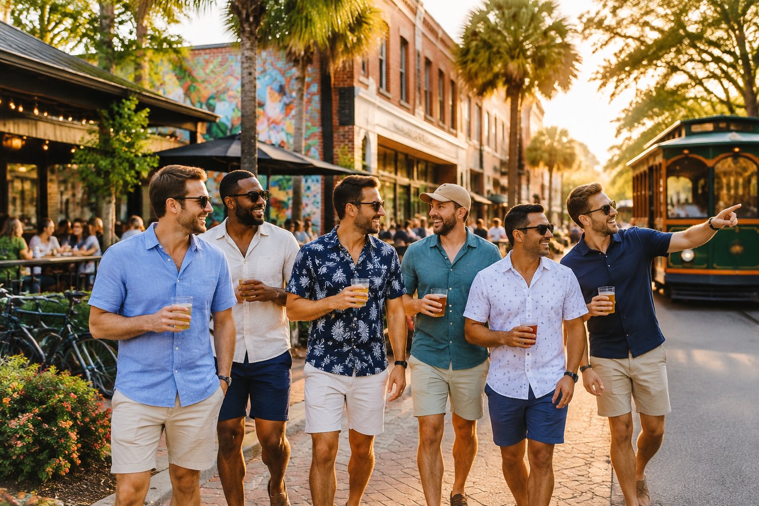 A group of friends enjoys a sunny outing together on a lively downtown street in DeLand, Florida.