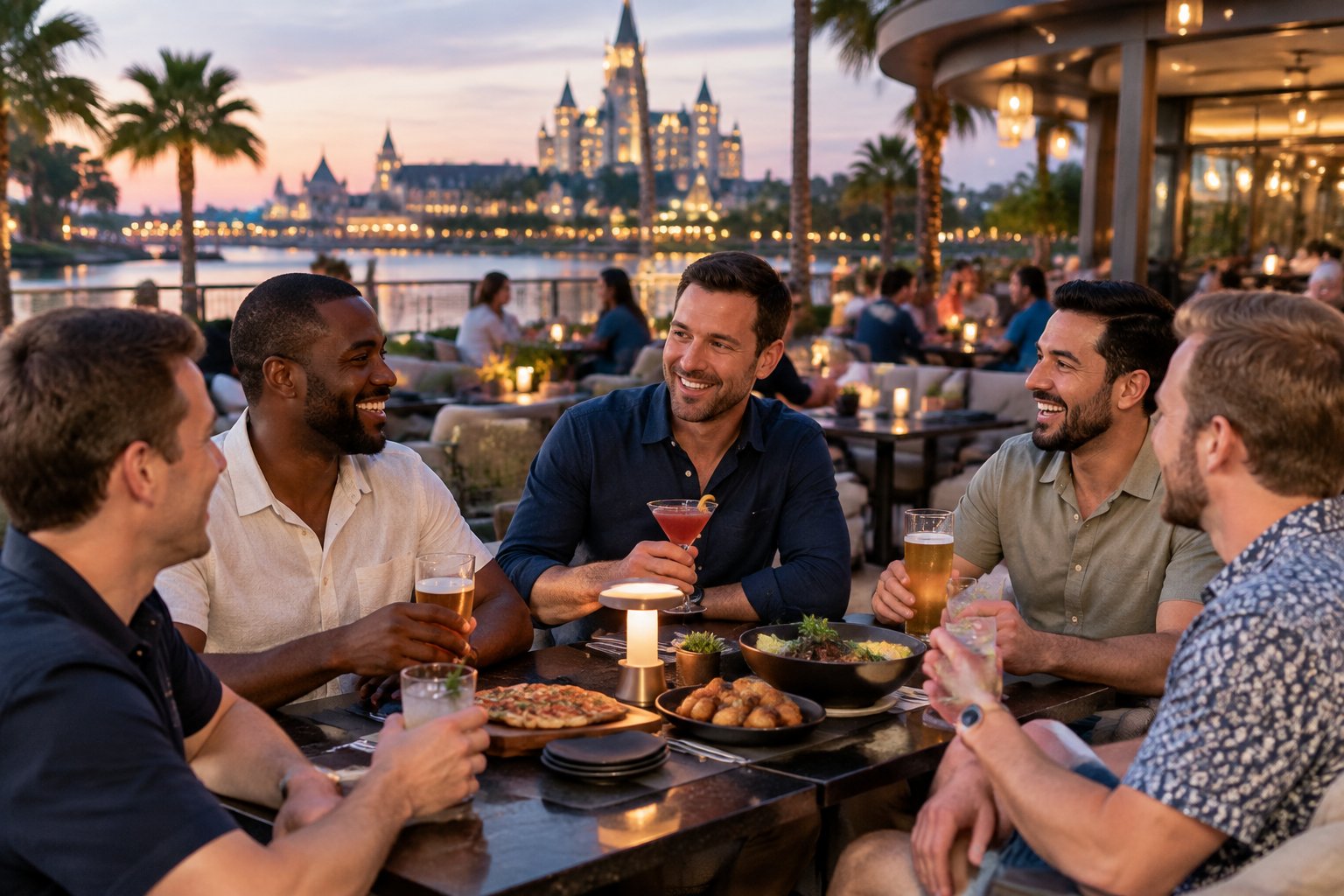 A group of adult friends sharing food and drinks at an outdoor evening restaurant near a Disney resort.