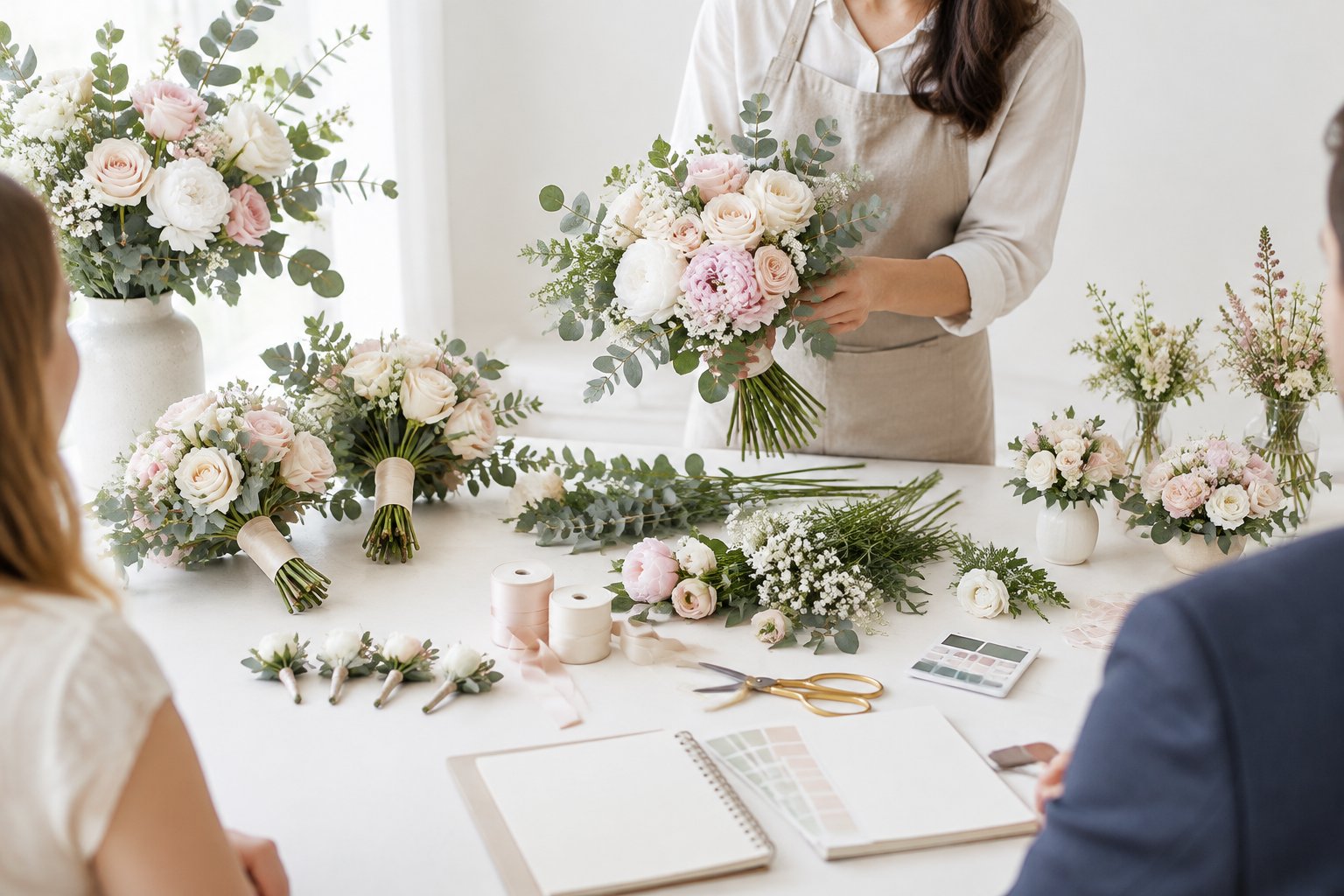 A florist arranges wedding flowers and bouquet samples on a consultation table.