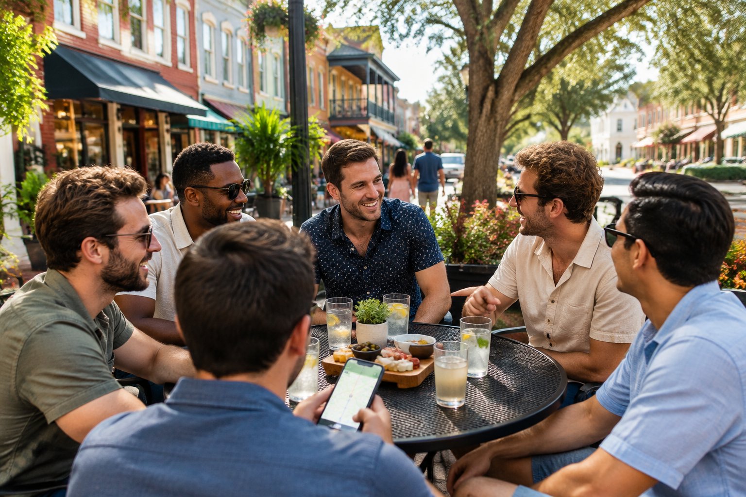 A group of friends enjoying an afternoon together at an outdoor café on a lively historic street in DeLand.