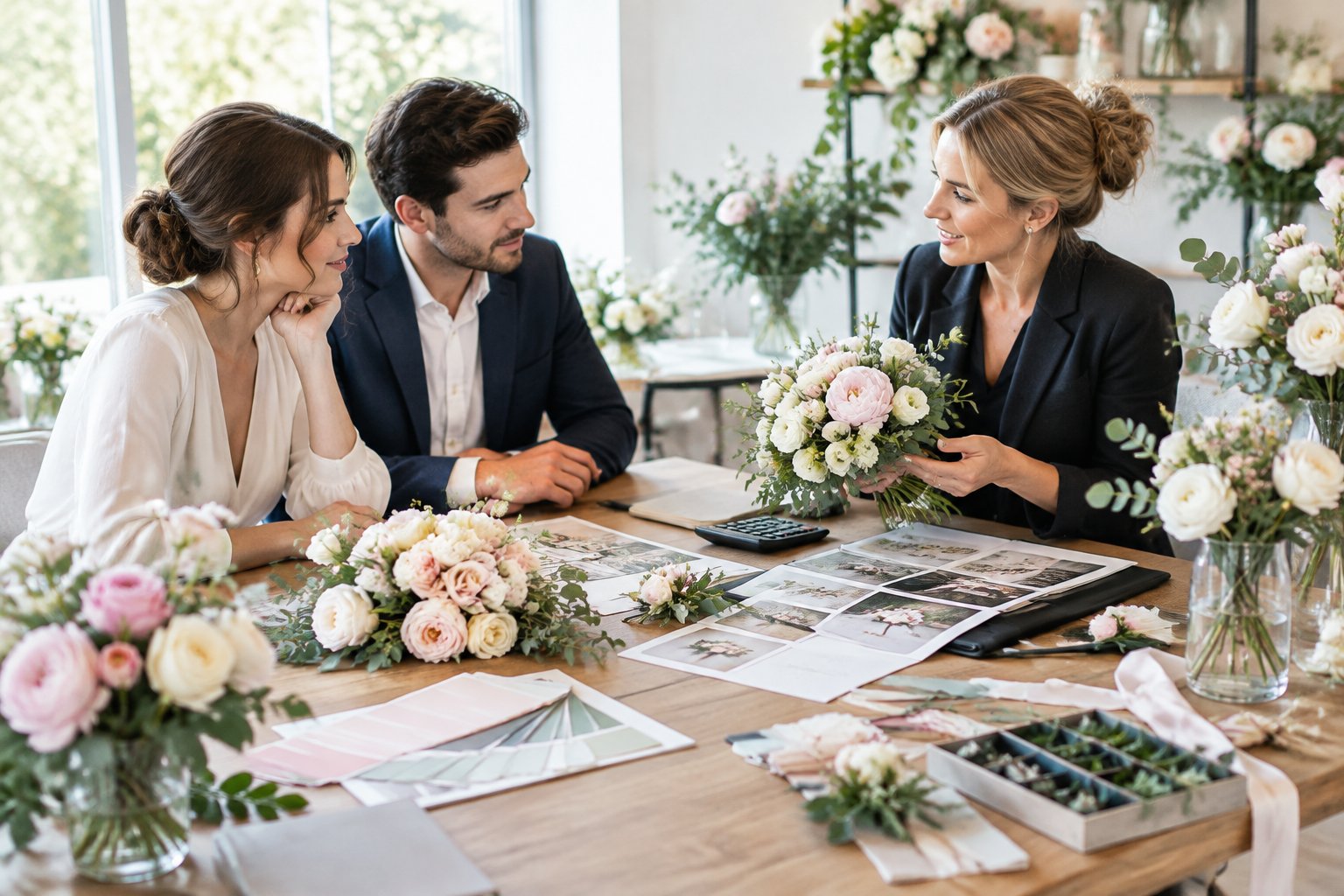 A couple consults with a florist while reviewing wedding flowers and arrangement options.